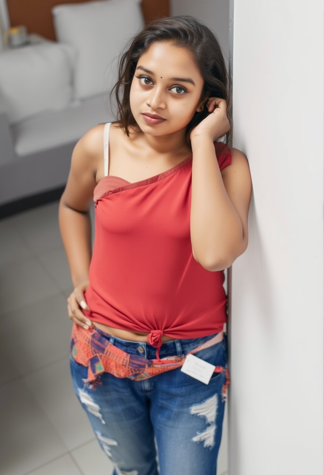 Captured from a high-angle, eye-level perspective, a young Indian woman stands with her left hand on her hip, her right hand resting on her hair. She is wearing a sleeveless red top and a pair of blue denim jeans. The jeans have a white tag tied around the waist, adding a pop of color to the scene. The woman's hair is styled in a sleek bob, and her eyes are a piercing blue. The backdrop is a stark white wall, and a bed with white pillows can be seen in the background.,Takshi28