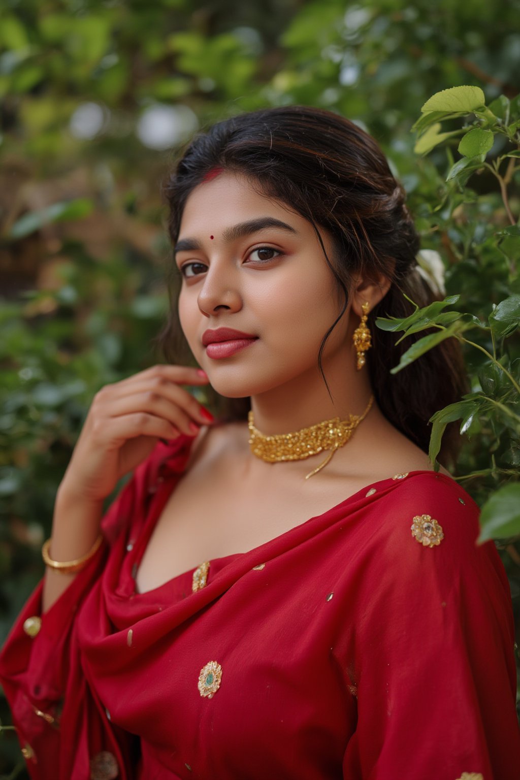 Raw photo of (18yo Kerala Beautiful young woman:1.1, (best quality, highres, ultra-detailed:1.2), This breathtaking photograph, shot on a Canon 1DX with a 50 mm f/2.8 lens, beautifully showcases the raw and authentic beauty of life. high resolution 8k image quality, vibrant colors, glowing dimond, glowing eyes, realistic Raw photo, realistic lighting, traditional Red saree,  exotic beauty, mesmerizing eyes, girl ,Thrissur,Mallu,Saree