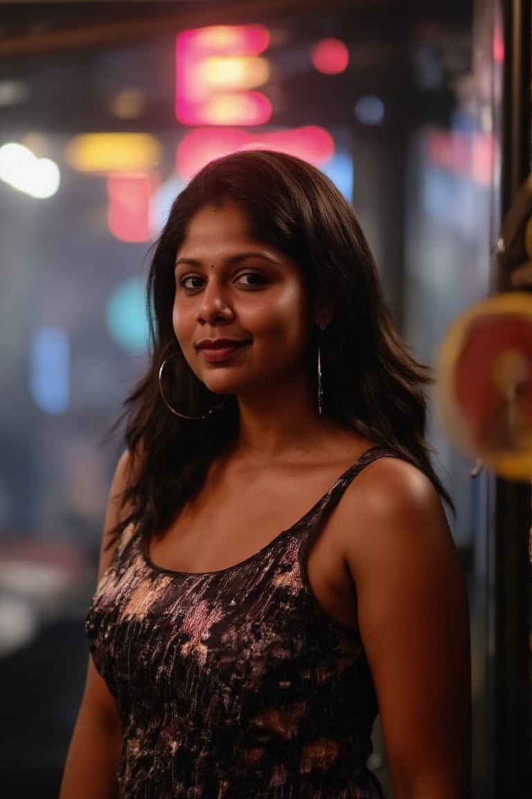 A woman posing confidently, radiant in a metallic dress with digital patterns and neon accents, against a blurred backdrop of vintage circuitry and neon lights. Soft, warm lighting highlights her features,  reflecting a digital glow. Her stylish gaze is set off by the retro-futuristic atmosphere, as if stepping out of a 1980s time capsule.,NeemoFairy,Liminal Space,Ambience Steampunk,Mallu beauty 