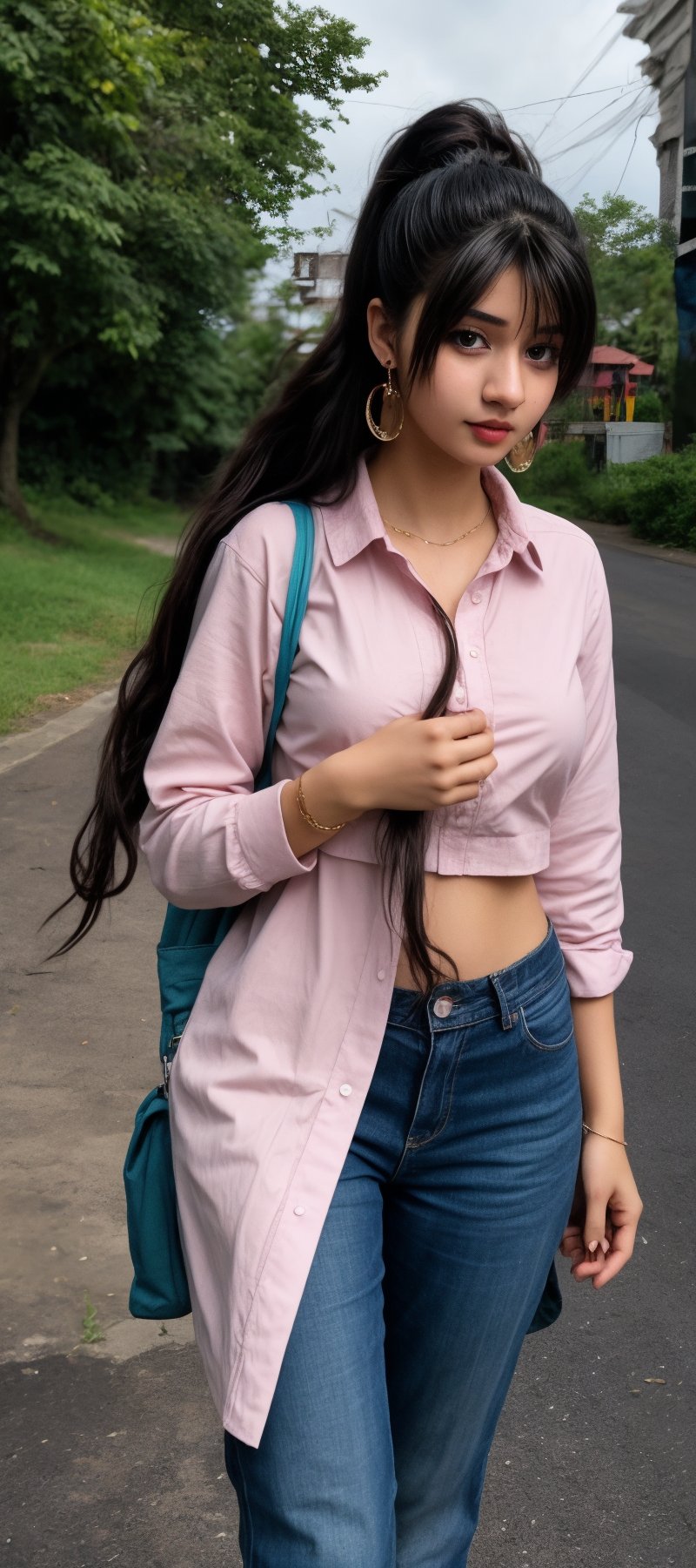 1girl, solo, long hair, black hair, twintails, jewelry, earrings, lips, realistic, beautiful mallu girl, 18 years old girl, outside, beautiful girl walking on the street , twintail hairstyle 
,18 years old long hair girl