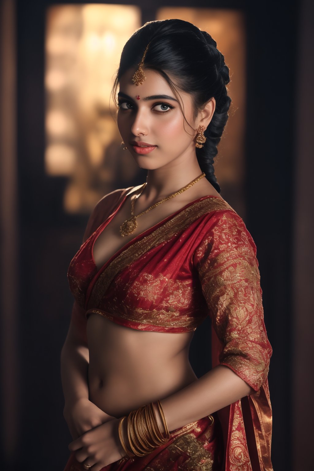 A beautiful Indian woman wearing a traditional saree, draped in a style that reveals her midriff and navel. The saree is richly colored and adorned with intricate patterns and embroidery, with a matching blouse (choli) that has short sleeves and a deep neckline. The pallu of the saree is gracefully draped over her shoulder, falling softly to one side, while her navel is tastefully visible where the saree is wrapped around her waist. She is adorned with traditional jewelry, including a maang tikka, jhumka earrings, a nose ring, bangles, and anklets. Her skin has a warm tone, and her long, dark hair is styled either in a loose braid or cascading waves. The setting is softly lit, focusing on her elegant pose and the cultural richness of her attire, with warm, natural lighting that enhances the details of the fabric and her jewelry.

cinematic angle, (cinematic shadows, bokeh, depth of field:1.3) , (High detail RAW Photo), (extremely detailed skin, photorealistic, heavy shadow, dramatic and cinematic lighting, key light, fill light), sharp focus, cinematic, imperfect skin, fabrics, textures, detailed face, detailed skin, detailed fingers, NaturalHand2-3500, analog film photo Deep photo,depth of field,ferrania p30 film,shadows, perfect face and body, dimly lit, nervous, harsh camera flash, faded film, desaturated, 35mm photo, grainy, Kodachrome, Lomography, stained, highly detailed, found footage,, (black hair,
A flapper girl stands poised in a smokey atmosphere, bathed in ethereal light that accentuates her stunning features. Her fair skin glows under cinematic lighting, as she gazes directly into the camera with perfect eyes and a beautiful nose. Her Drill Spring-inspired hairstyle is perfectly coiffed, framing her face, background intricate details and complex patterns that seem to leap off the screen in hyper-maximalist fashion.  with detailed decoration and lines that exude opulence. In stunning HDR and UHD, this unreal engine creation pops with gorgeous light and shadow., matrix,poakl