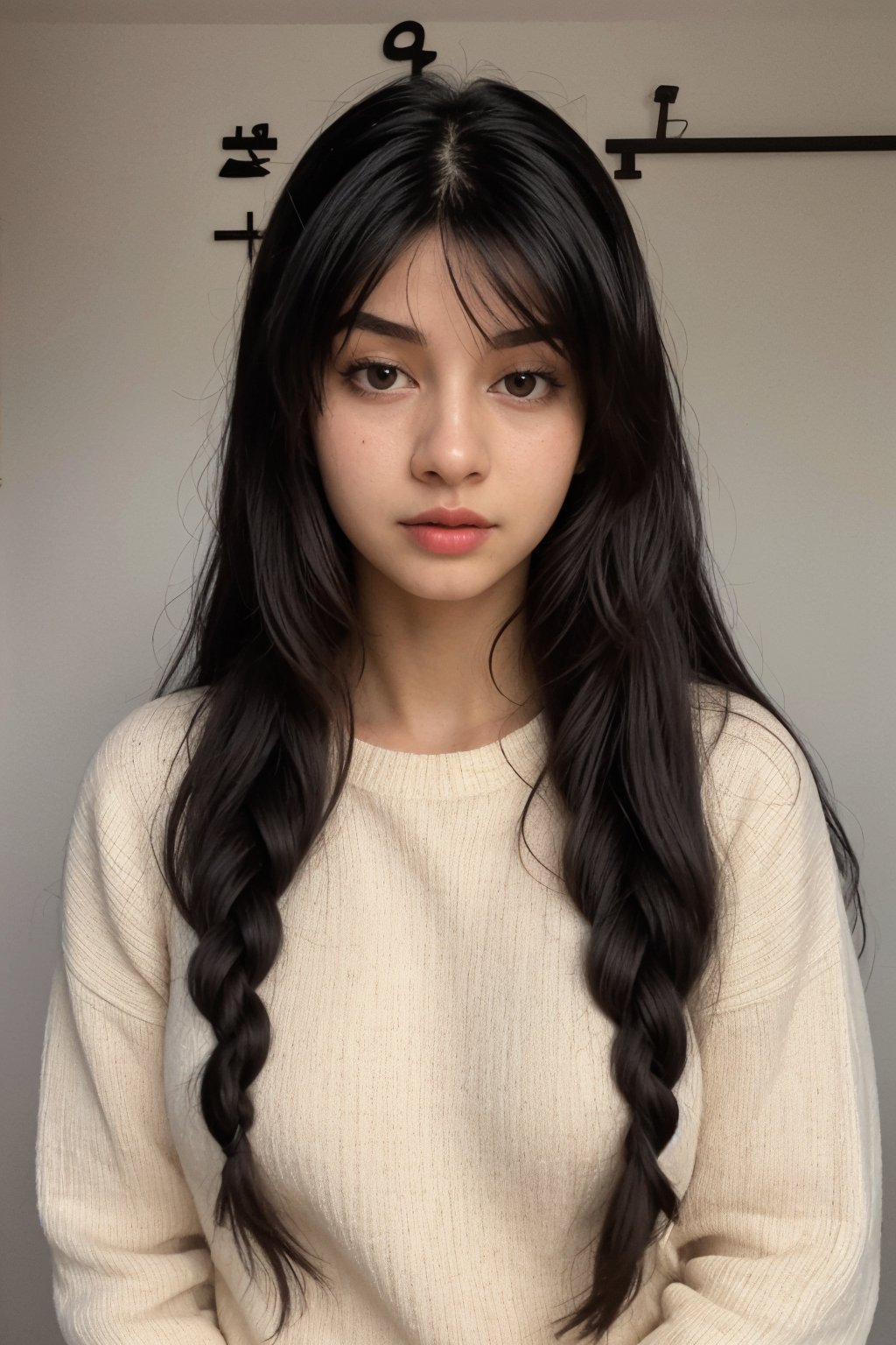 1girl, solo, long hair, black hair, braid, black eyes, twin braids, sweater, lips, realistic