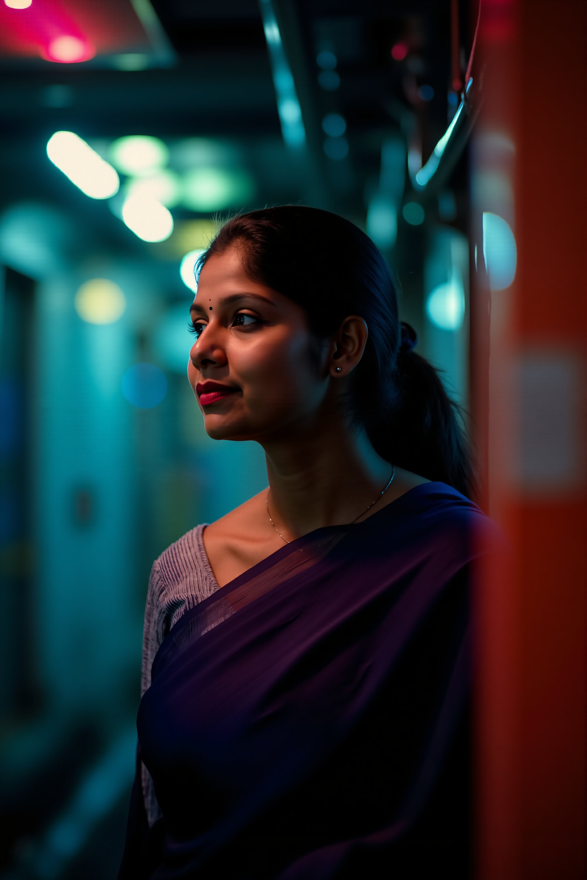 A beautiful mallu women, teal and orange colour lighting in background, futuristic subway, pipeline , wires, light indicators, intricate background, realism,realistic,raw,analog,portrait,photorealistic, taken by Canon EOS,SIGMA Art Lens 35mm F1.4,ISO 200 Shutter Speed 2000,Vivid picture,Mallu beauty, The atmosphere is fun and inviting, featuring colors like black, blue, dark blue, dark purple, gray, light green, purple, and orange. Neon lights in pink, blue, and green illuminate the space, creating a bokeh and Depth of Fieldeffect. The focus is on the girl from the torso to the head, captured in a cinematic style with a Sony A7R IV full-frame camera,Mallu beauty,futuristicportrait,Mallu beauty 