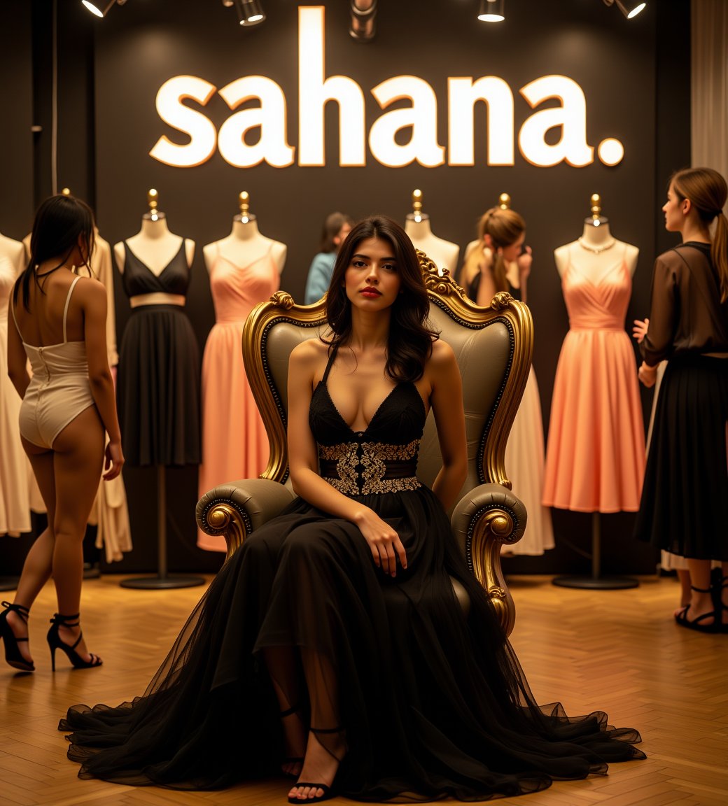 create me something beautiful, sexy, A beautiful woman, dressed in high fashion, sits on a throne in a luxurious boutique shop, surrounded by perfect cinematic lighting. Behind her, the shop's name "sahana" is displayed in oversized glowing letters, commanding attention. Girls in the background casually explore the dresses on display. The scene highlights both the elegance of the boutique and the glowing, bold shop name.,Enhanced all