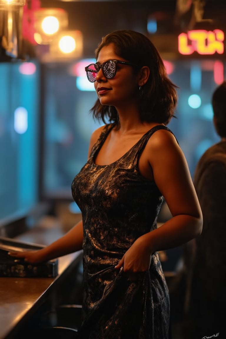 A woman posing confidently, radiant in a metallic dress with digital patterns and neon accents, against a blurred backdrop of vintage circuitry and neon lights. Soft, warm lighting highlights her features, oversized glasses with futuristic lenses reflecting a digital glow. Her stylish gaze is set off by the retro-futuristic atmosphere, as if stepping out of a 1980s time capsule.,NeemoFairy,Liminal Space,Ambience Steampunk,Mallu beauty 