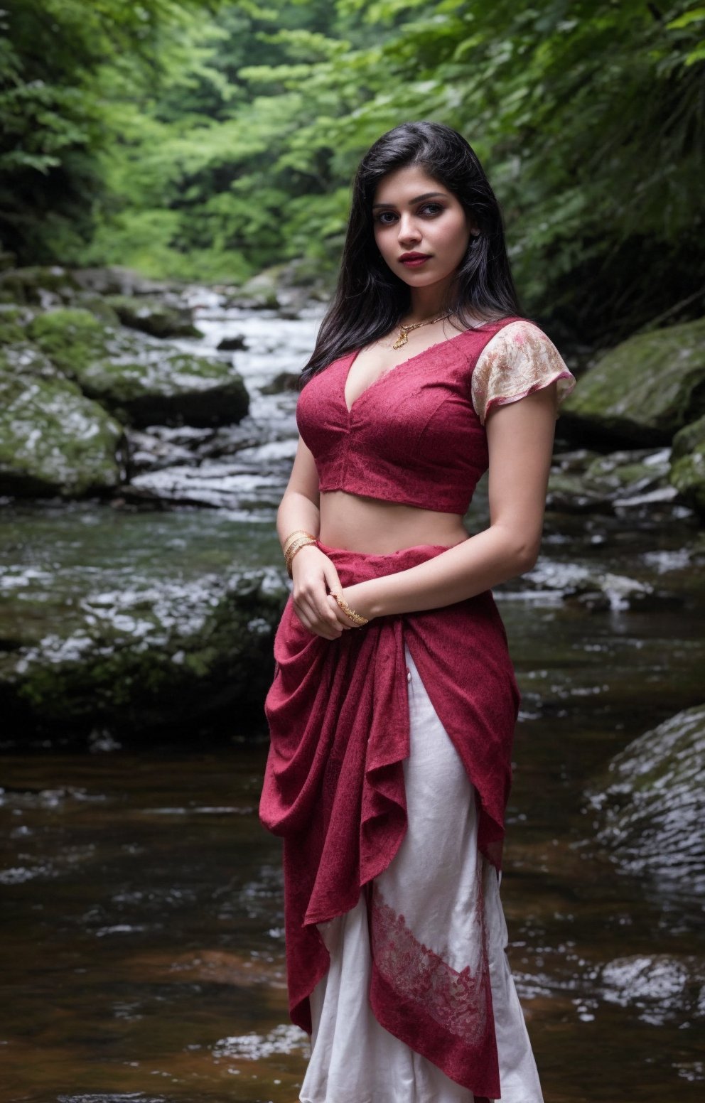 The task is to annotate the image by identifying and describing its content using natural language. The image contains a woman standing in a natural setting, which includes a stream and rocks. She is dressed in traditional attire with a red blouse and a white skirt, adorned with gold detailing. Her pose and the serene environment suggest a connection with nature and possibly a cultural or personal significance to the attire and setting. 