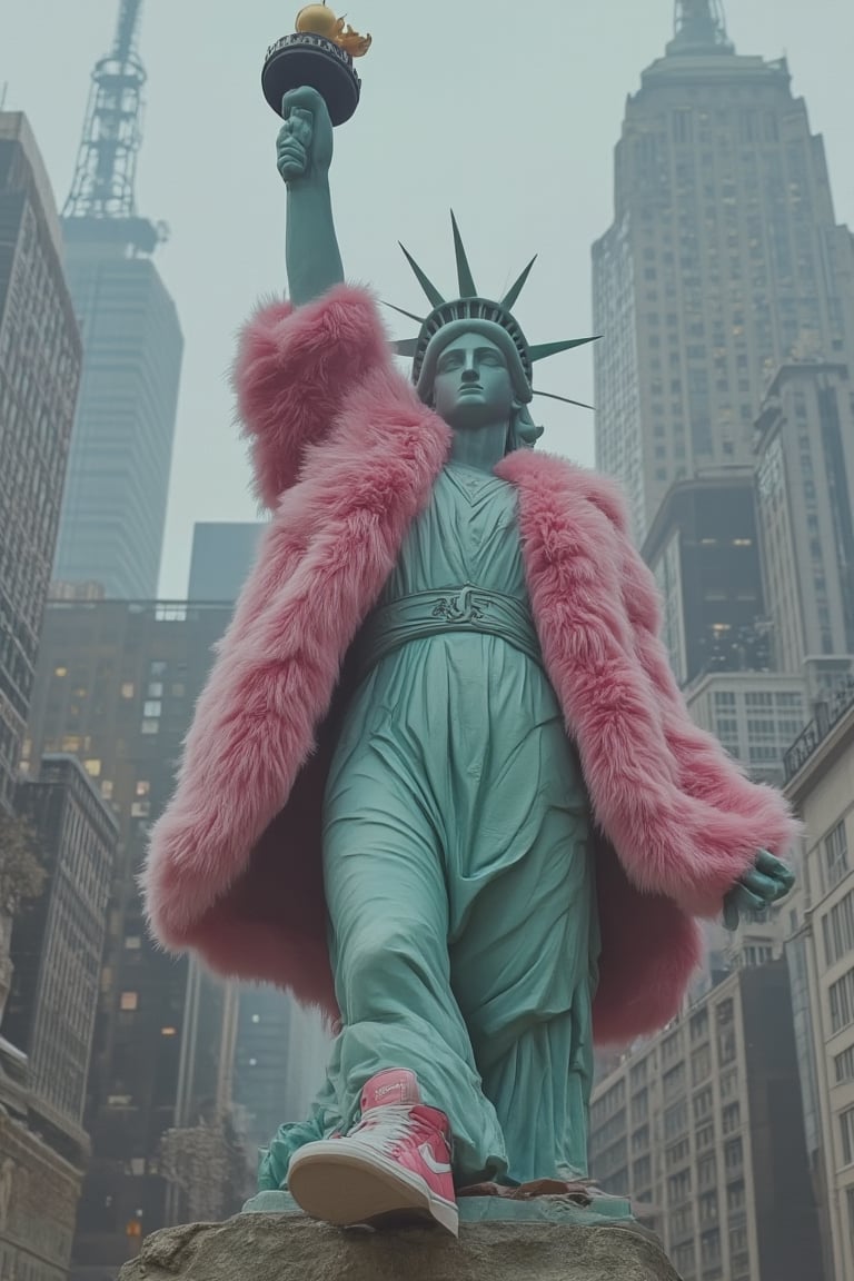 The Statue of Liberty wearing a pink fur coat and green pants, performing the Air Jordan jump pose, with pink Nike sneakers, against a New York City background, in the style of Steven Klein, with a symmetrical face and a half-body shot,Midjourney v6