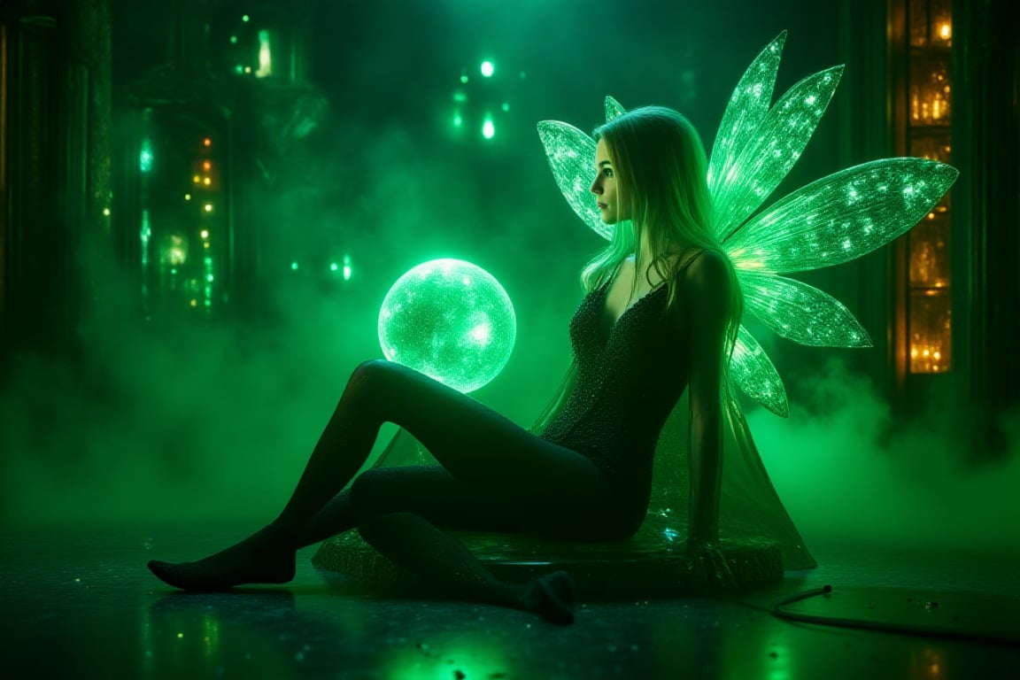 1girl, HKMagic, A beautiful fairy wearing black sheer pantyhose,  with glowing wings is sitting in crystalz throne in magic library as she looks at big green orb of magic and spells. She has detailed facial features and there is a glowing green light in the background with cinematic lighting, fairycore, hkmagic, masterpiece, best quality, highly detailed, sharp focus, dynamic lighting, no shoes, black pantyhose, full body shot,Details,Skin texture 