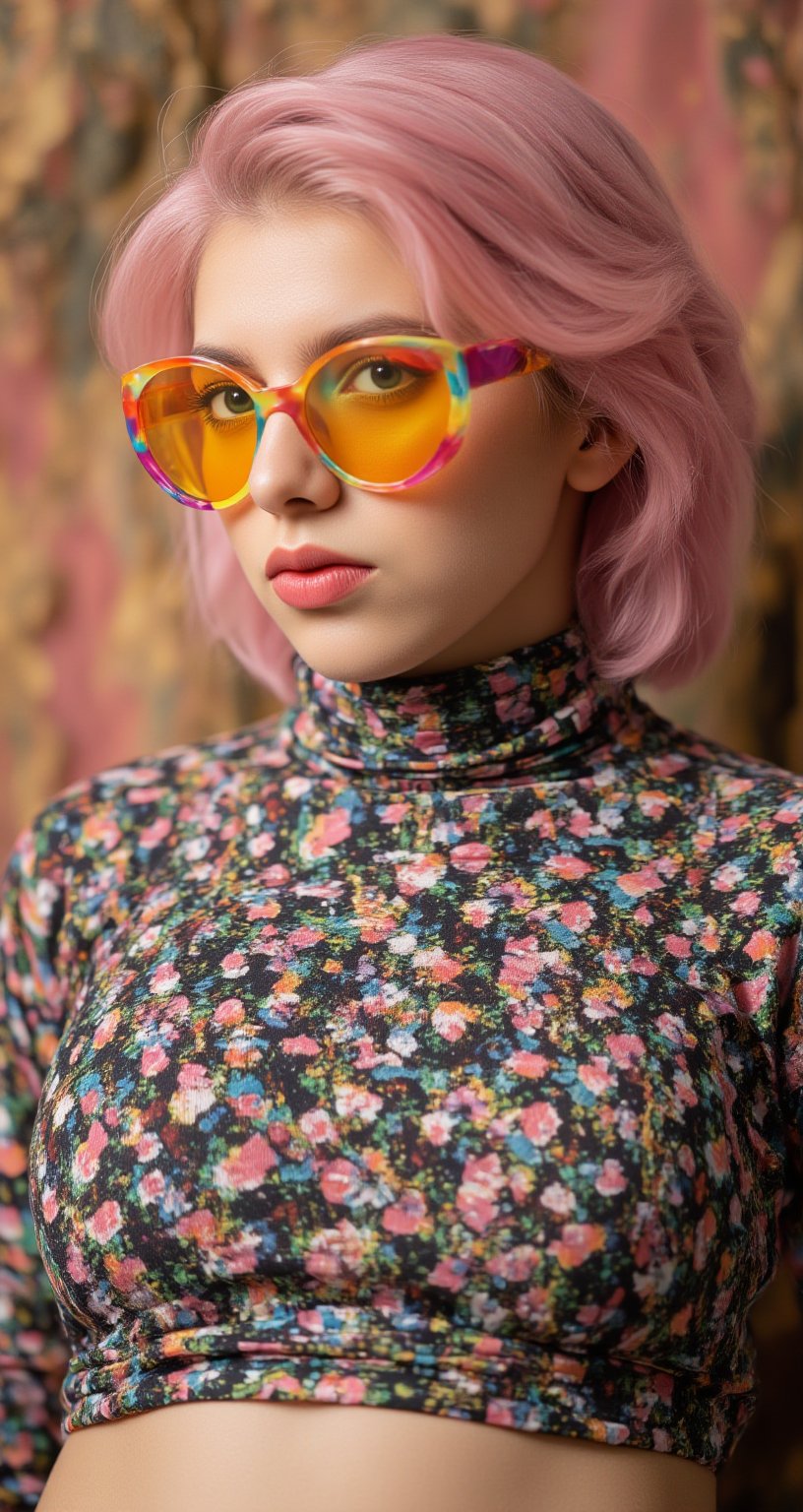 A vibrant, close-up portrait of a young woman with pink hair, wearing oversized, colorful sunglasses, and patterned turtleneck, abstract, midriff exposed, navel, textured background | pop art style, bold colors, detailed, highly stylized | photorealistic | studio lighting
,cinematic , film grain, Short telephoto focal length, shot on ALEXA 65