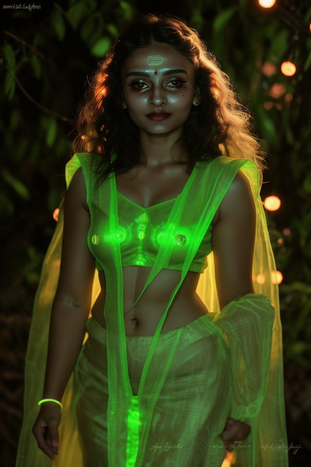 Photo of a mystical fantasy bioluminescent neon woman. Glamorous fashionable lady, glowing dots on face, glowing neon saree ,Light particles and spark,Glowing skin spot,Glowing dots on body