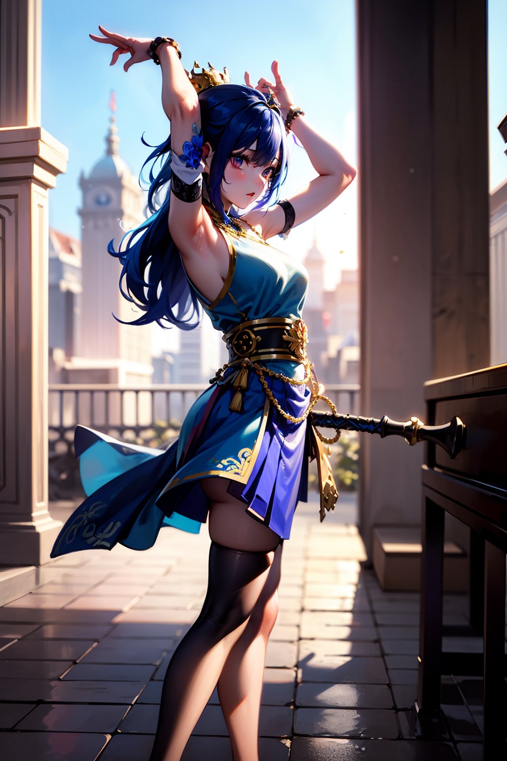 Captured from a low-angle perspective, a vibrant blue-haired woman, dressed in a traditional Asian costume, is adorned with a white and blue skirt, adorned with gold accents. She stands on a tiled floor, her arms stretched out to her sides, revealing a sword in her right hand. Her hair is adorned in a crown, adding a pop of color to her outfit. The sword is held in her left hand, while her right arm is stretched out in front of her. Her left hand is positioned in the air, adding balance to the scene. The scene is set against a backdrop of red pillars, a white building, and a red bench. The sky is a bright, sunny day.