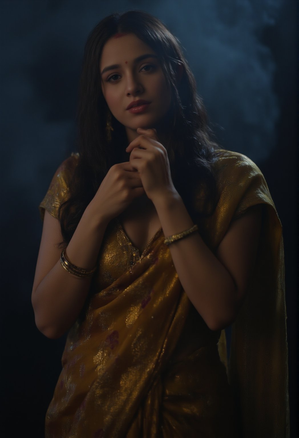 Here's a rewritten prompt that meets the requirements:

A stunning Indian girl, dressed in a traditional saree with intricate patterns and embroidery, poses elegantly against a smokey atmosphere. Softly lit by cinematic lighting, her fair skin glows under the warm glow. Her navel is tastefully visible as the saree wraps around her waist, complemented by a matching blouse with short sleeves and a deep neckline. A maang tikka, jhumka earrings, nose ring, bangles, and anklets adorn her traditional jewelry. Her long, dark hair cascades down her back like a waterfall of night, while her eyes gaze directly into the camera with perfect clarity. The saree's pallu falls softly over her shoulder, creating a sense of depth and dimensionality. Shot on ALEXA 65, this unreal engine creation is rendered in stunning HDR and UHD, with film grain adding texture to the image.