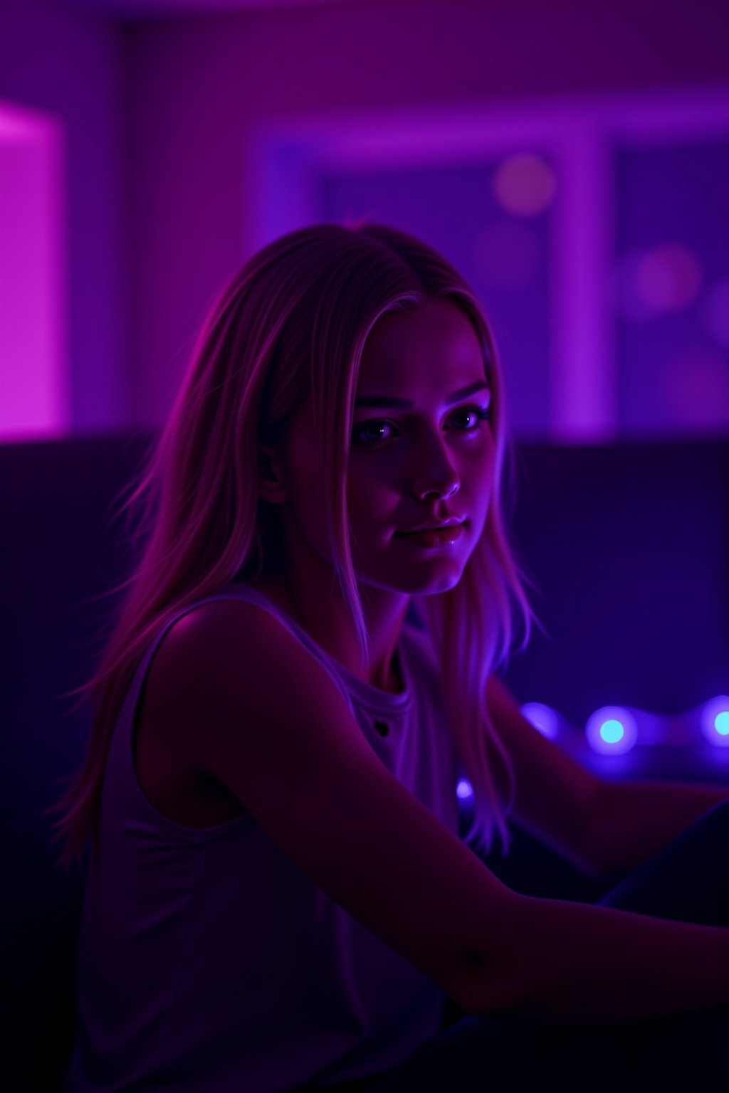 cinematic, A young woman with blonde hair sits in a dimly lit room, illuminated by soft purple and pink lighting. She gazes thoughtfully into the distance, with a bokeh of lights in the background, creating an intimate and contemplative atmosphere., film grain, Short telephoto focal length, shot on ALEXA 65