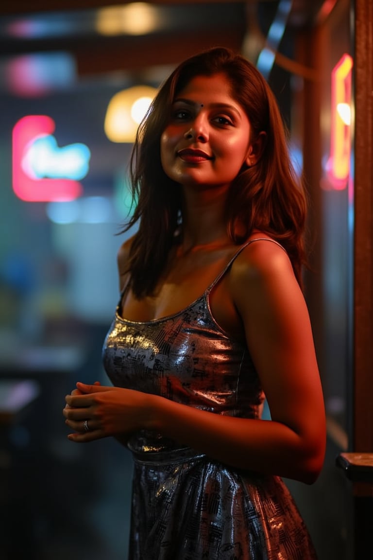 A woman posing confidently, radiant in a metallic dress with digital patterns and neon accents, against a blurred backdrop of vintage circuitry and neon lights. Soft, warm lighting highlights her features,  reflecting a digital glow. Her stylish gaze is set off by the retro-futuristic atmosphere, as if stepping out of a 1980s time capsule.,NeemoFairy,Liminal Space,Ambience Steampunk,Mallu beauty 