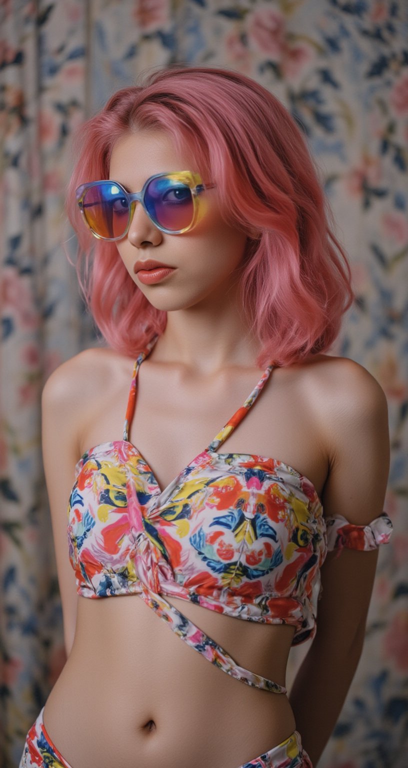 A vibrant,  portrait of a young woman with pink hair, wearing oversized, colorful sunglasses, and patterned lahanga, abstract, midriff exposed, navel, textured background | pop art style, bold colors, detailed, highly stylized | photorealistic | studio lighting
,cinematic , film grain, Short telephoto focal length, shot on ALEXA 65