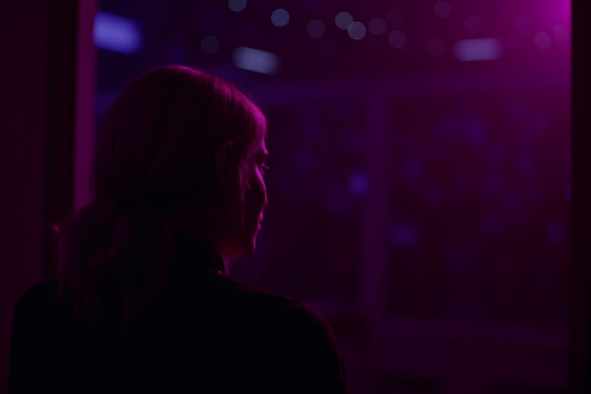 cinematic, A young woman with blonde hair sits in a dimly lit room, illuminated by soft purple and pink lighting. She gazes thoughtfully into the distance, with a bokeh of lights in the background, creating an intimate and contemplative atmosphere., film grain, Short telephoto focal length, shot on ALEXA 65