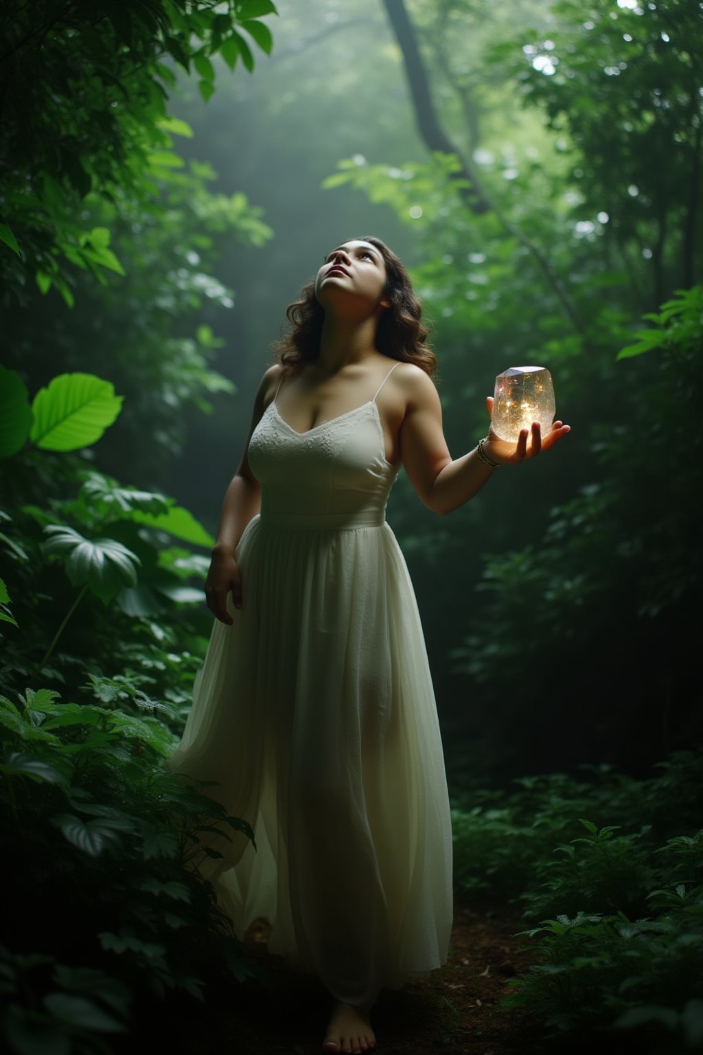 A serene and mystical scene unfolds: a crystal-wielding woman stands amidst a lush forest, her slender fingers grasping a glittering crystal orb. Soft, filtered sunlight casts dappled shadows on the forest floor, highlighting her gentle pose as she gazes upward, the crystal's facets reflecting the hues of the surrounding foliage.