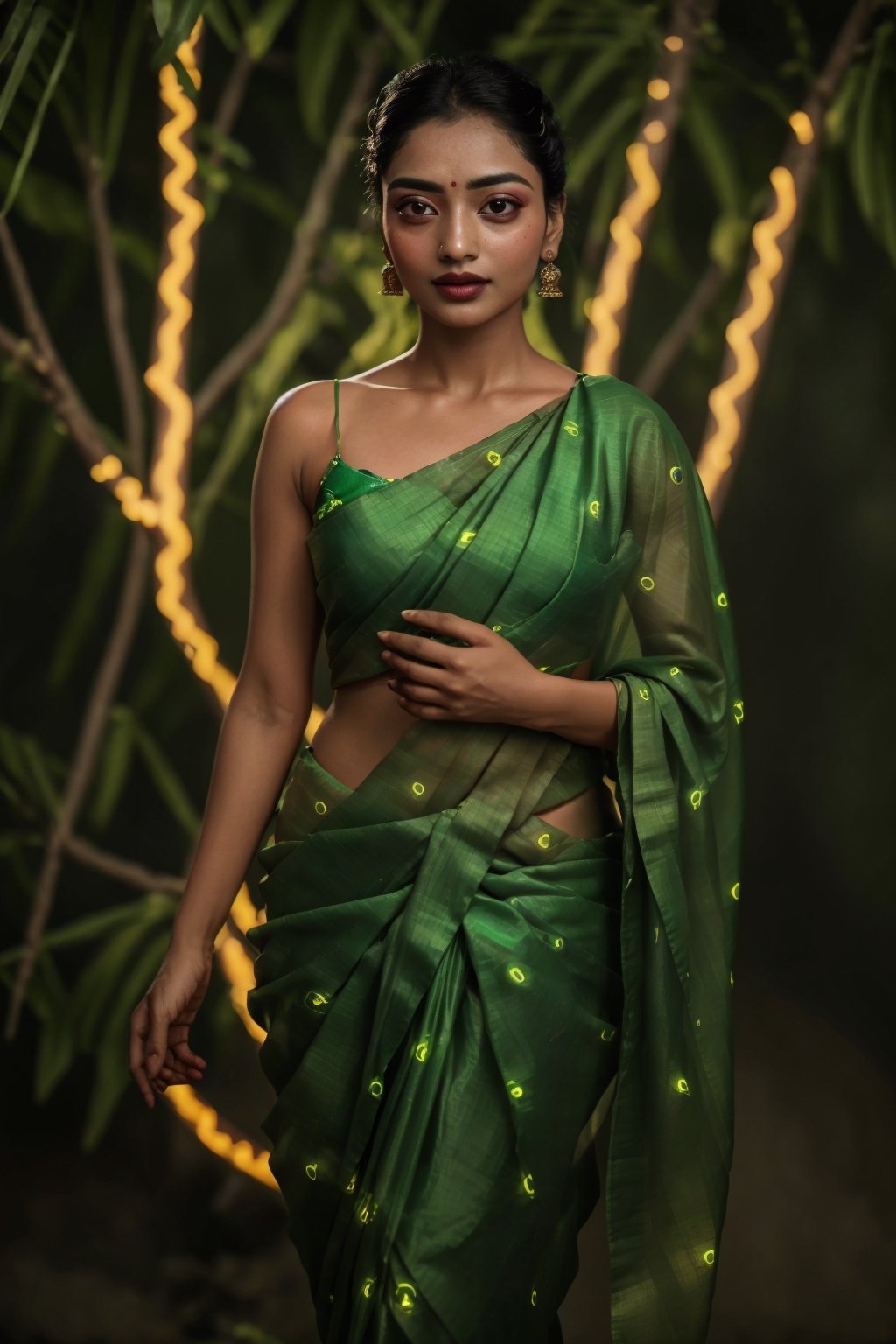 Portrait of a mystical fantasy bioluminescent neon woman. Glamorous fashionable lady in saree. Glowing, Glowing color,Glowing dots and line on body and skin, white_body,  Parle, high resolution 8k image quality,photorealistic,Saree ,NeonST2,Blossom