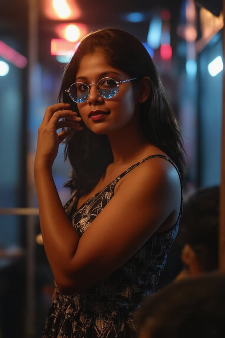 A woman posing confidently, radiant in a metallic dress with digital patterns and neon accents, against a blurred backdrop of vintage circuitry and neon lights. Soft, warm lighting highlights her features, oversized glasses with futuristic lenses reflecting a digital glow. Her stylish gaze is set off by the retro-futuristic atmosphere, as if stepping out of a 1980s time capsule.,NeemoFairy,Liminal Space,Ambience Steampunk,Mallu beauty 