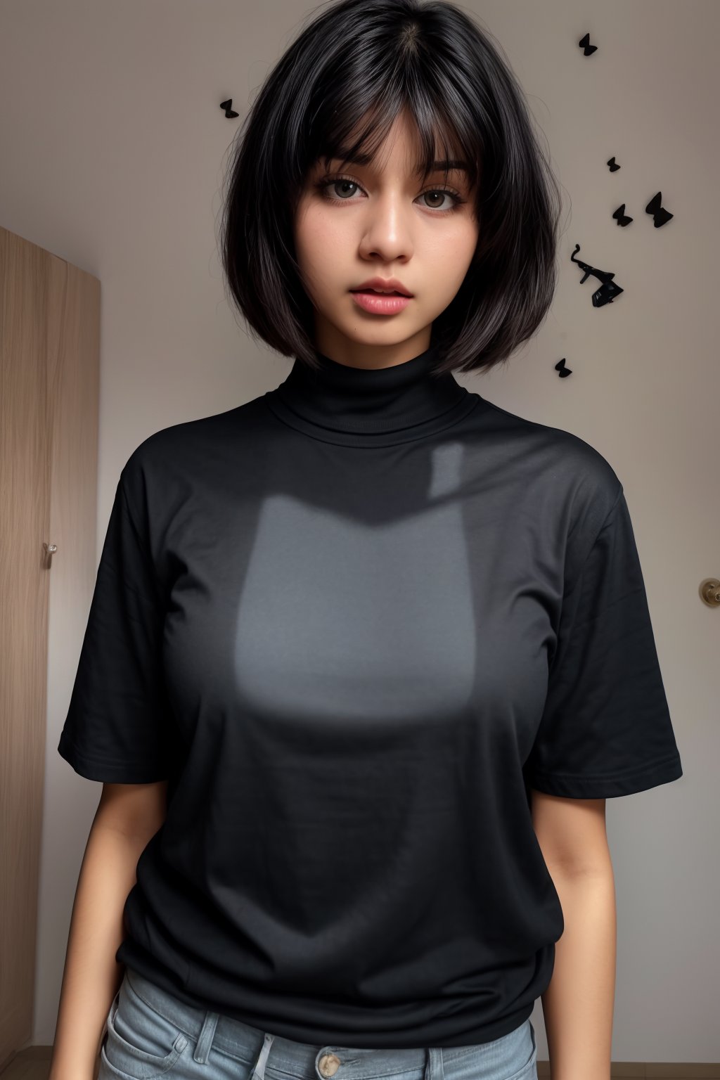 illustraion, aesthetically pleasing, 1girl, solo, slim, black hair, bobcut, bangs, black eyes, closed mouth, black shirt, short sleeves, turtleneck, upper body, standing up, realistic background, 18 years old girl, mallu 