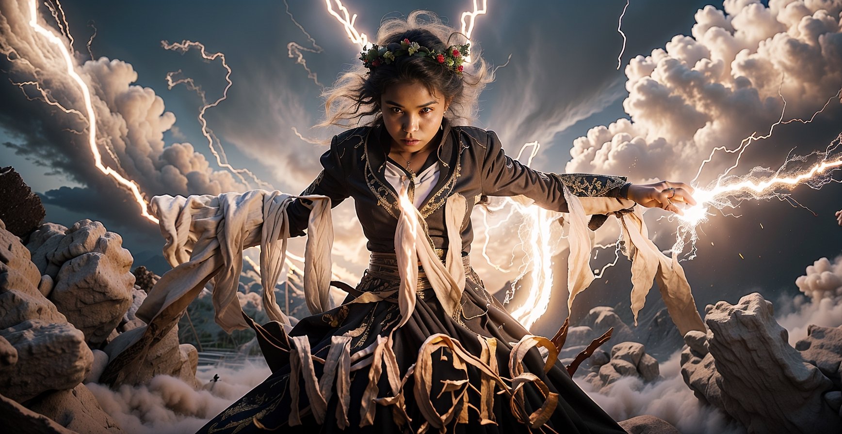  A young goddess with long wavy hair, standing in a flower field of tall grass. She is wearing a dark robe with red details, standing in the middle of the field (flower crown on her head). She is surrounded by a swirling vortex of lightning energy, thunder and lighting. A windstorm is sweeping debris creating a whirlwind. The sun is setting behind the character creating a glowing aura around her, centered, perfect framing and composition. Epic shot, dramatic lighting, dynamic angle, (4k), (masterpiece), (best quality), (extremely intricate), (realistic), (sharp focus), (award winning), (cinematic lighting), (extremely detailed),80' girl,lighting,photorealistic,thundermagic, electricity,28yo girl 