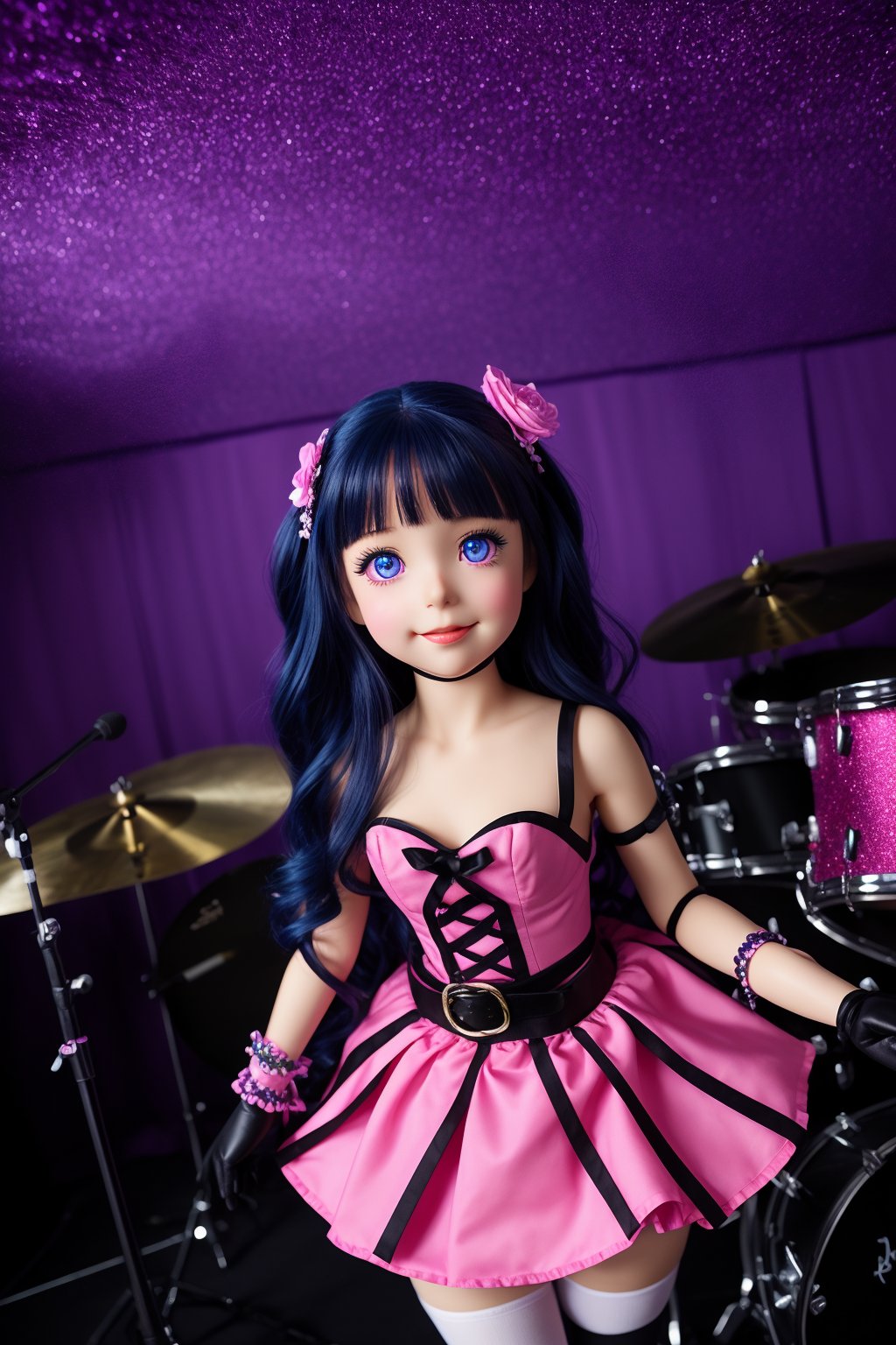 Captured from a high-angle perspective, a girl with long dark blue hair, wearing a pink and yellow dress, adorned with a black belt. The doll's arms are raised in the air, adding a touch of balance to the scene. The background is a vibrant purple hue, with white dots dotting the ceiling. To the right of the doll, a drum set is visible. 1girl, solo, long hair, looking at viewer, smile, bangs, hair ornament, thighhighs, gloves, dress, blue hair, purple eyes, heart, frills, tongue, hairclip, tongue out, pink dress, idol, pink thighhighs, pink gloves, maizono sayaka