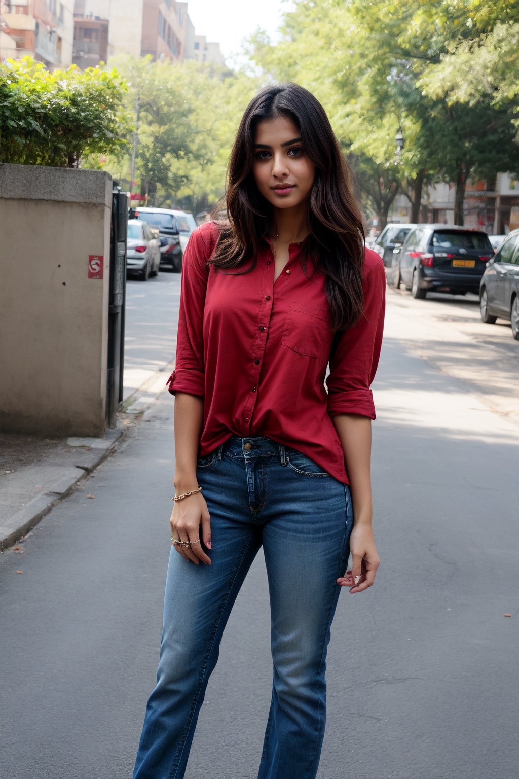 There a girl isma young hot beautiful hsdan girl Wearing red Shirt and Jeans, hot looks face features like Kama Kaif, summer look Standing locking into the camera, portrait causal phets ResPurtrat