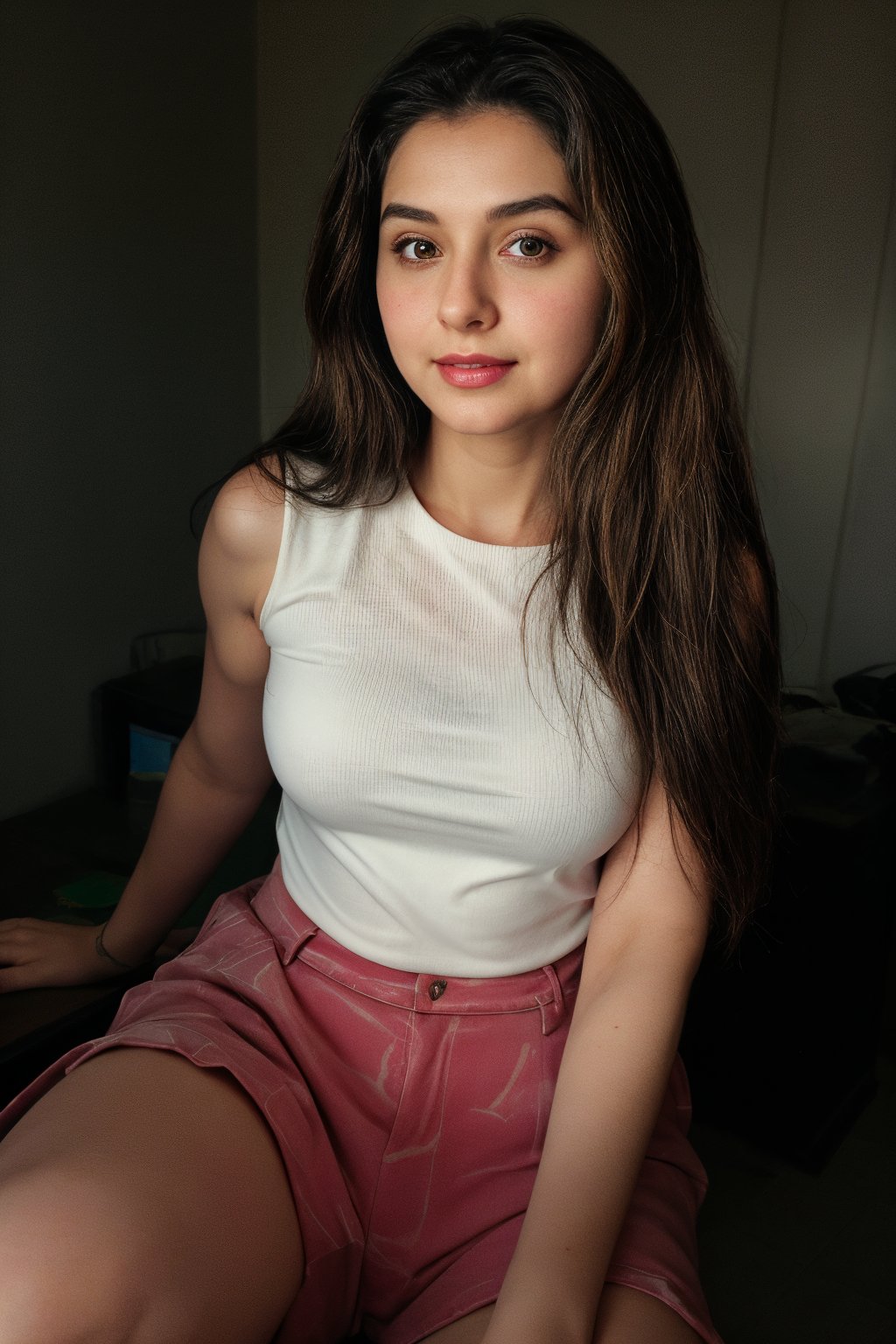 a woman with long brown hair, wearing a white sleeveless dress, is seated on a white box with the letter "D" on it. She is smiling, her lips are painted pink. The background is blurred, creating a stark contrast to the woman's white dress. The woman's shadow is cast on the box, adding a touch of depth to the image.,Details,Texture,Face texture,Eyes details,Face details,Symmetrical face 