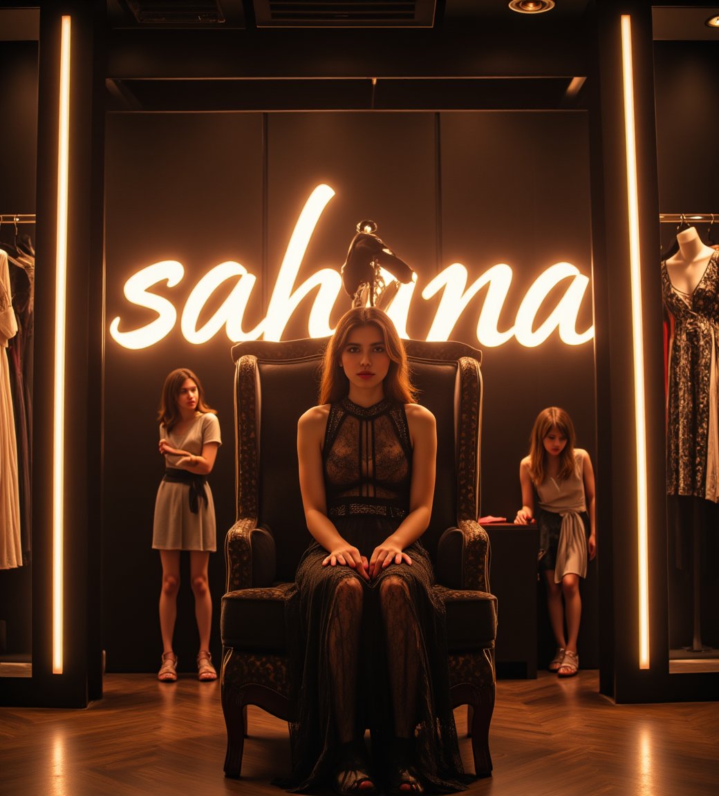 create me something beautiful, sexy, A beautiful woman, dressed in high fashion, sits on a throne in a luxurious boutique shop, surrounded by perfect cinematic lighting. Behind her, the shop's name "sahana" is displayed in oversized glowing letters, commanding attention. Girls in the background casually explore the dresses on display. The scene highlights both the elegance of the boutique and the glowing, bold shop name.,Enhanced all