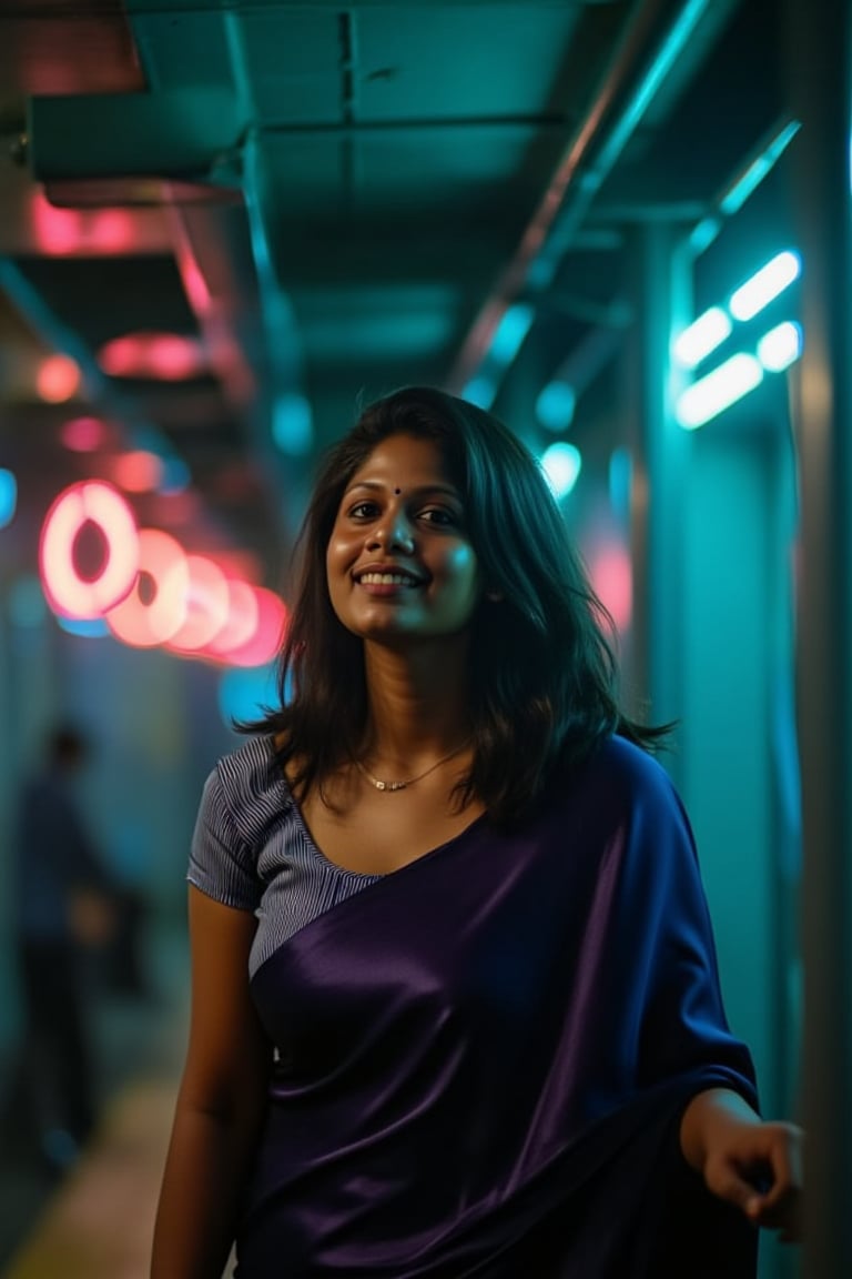 A beautiful mallu women, teal and orange colour lighting in background, futuristic subway, pipeline , wires, light indicators, intricate background, realism,realistic,raw,analog,portrait,photorealistic, taken by Canon EOS,SIGMA Art Lens 35mm F1.4,ISO 200 Shutter Speed 2000,Vivid picture,Mallu beauty, The atmosphere is fun and inviting, featuring colors like black, blue, dark blue, dark purple, gray, light green, purple, and orange. Neon lights in pink, blue, and green illuminate the space, creating a bokeh and Depth of Fieldeffect. The focus is on the girl from the torso to the head, captured in a cinematic style with a Sony A7R IV full-frame camera,Mallu beauty,futuristicportrait