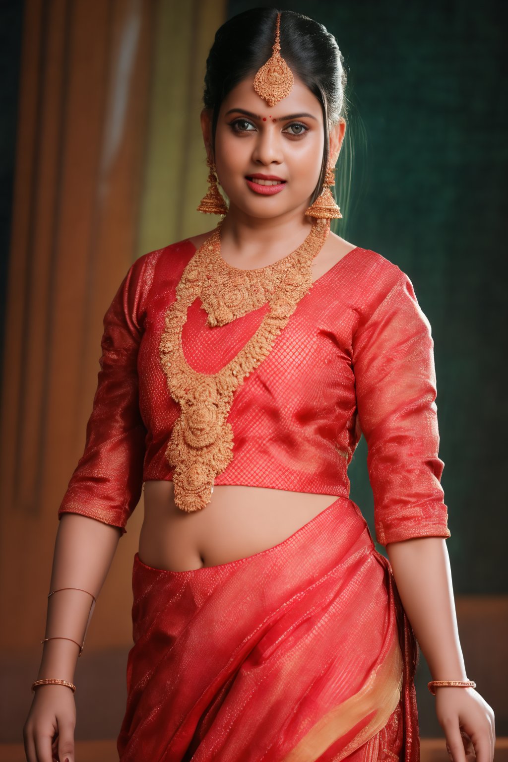 A ravishing Indian beauty, 36 years young, wears a stunning traditional saree, skillfully draped to reveal her navel. The richly colored fabric is adorned with intricate patterns and embroidery, paired with a matching turtle-neck blouse featuring short sleeves and a deep neckline. Her pallu flows softly over one shoulder, as she poses elegantly against a dimly lit background, focusing on the cultural richness of her attire.

Her warm-toned skin glows under cinematic lighting, accentuating every detail. Her long, dark hair cascades down her back like night's shadows, framing her flawless face and striking features. A maang tikka adorns her forehead, complementing jhumka earrings, a nose ring, bangles, and anklets that add to the overall opulence.

The setting is bathed in warm, golden light, emphasizing the textures of her fabric and jewelry. Every aspect of this scene is meticulously crafted, from the soft focus on her skin to the intricate details on her attire. The image is so vivid it seems to leap off the screen, a true masterpiece of cinematic art.