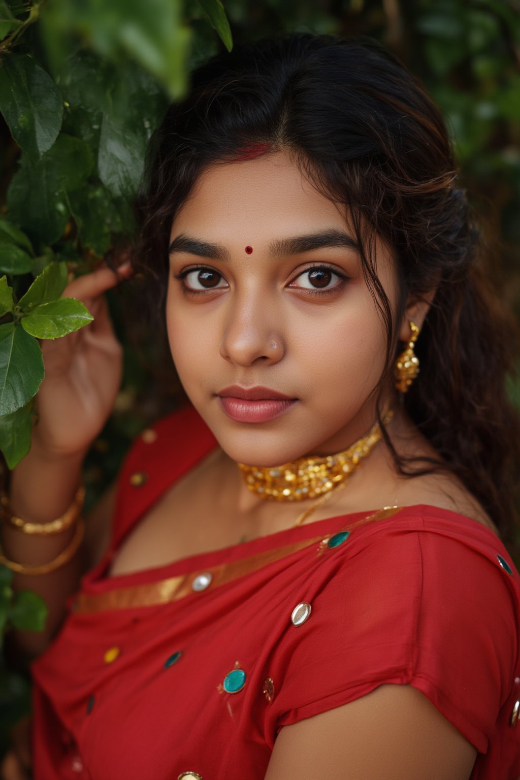 Raw photo of (18yo Kerala Beautiful young woman:1.1, (best quality, highres, ultra-detailed:1.2), This breathtaking photograph, shot on a Canon 1DX with a 50 mm f/2.8 lens, beautifully showcases the raw and authentic beauty of life. high resolution 8k image quality, vibrant colors, glowing dimond, glowing eyes, realistic Raw photo, realistic lighting, traditional Red saree,  exotic beauty, mesmerizing eyes, girl ,Thrissur,Mallu,Saree