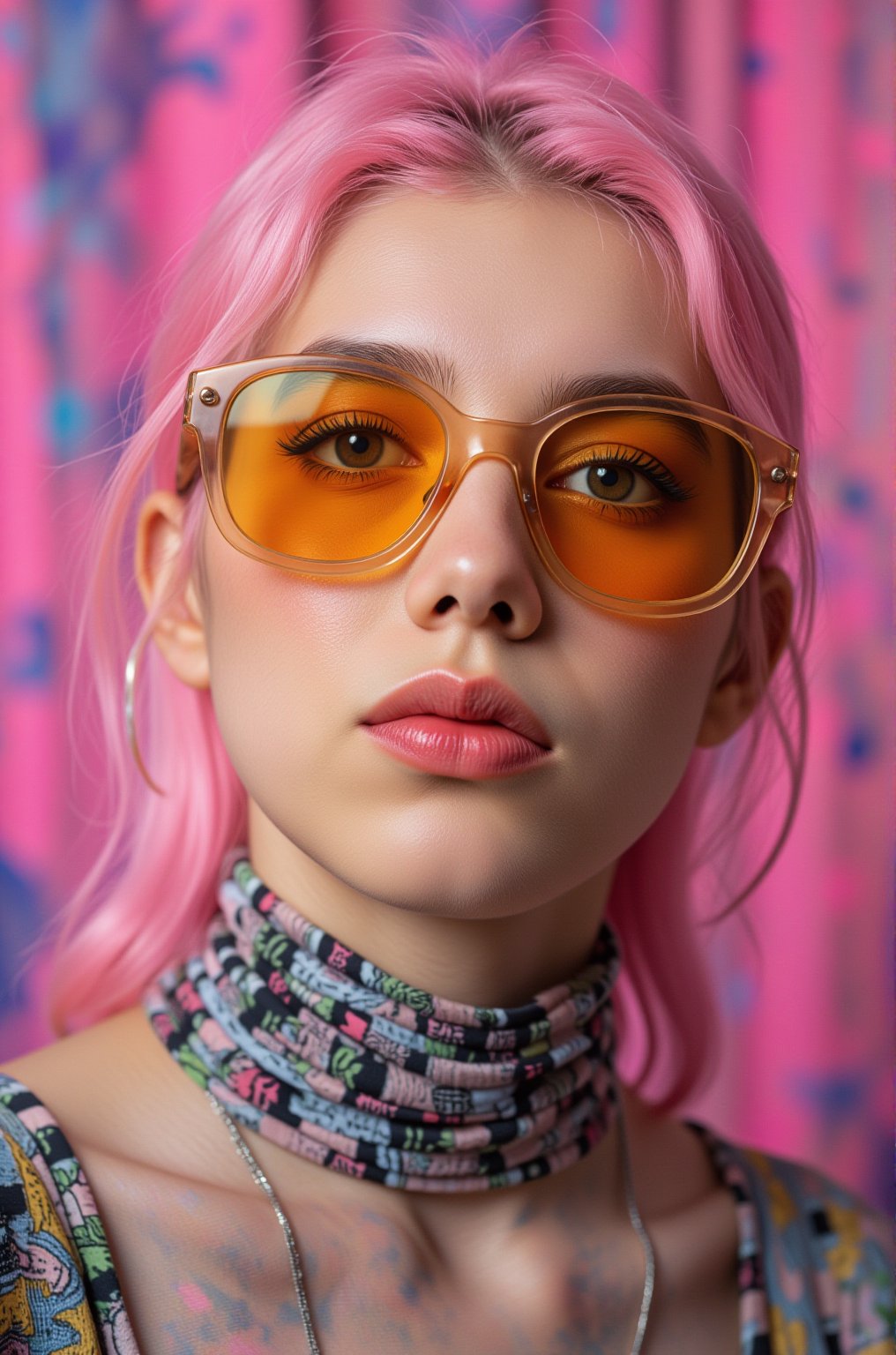 A vibrant, close-up portrait of a young woman with pink hair, wearing oversized, colorful sunglasses, and patterned turtleneck, abstract, textured background | pop art style, bold colors, detailed, highly stylized | photorealistic | studio lighting
,cinematic , film grain, Short telephoto focal length, shot on ALEXA 65