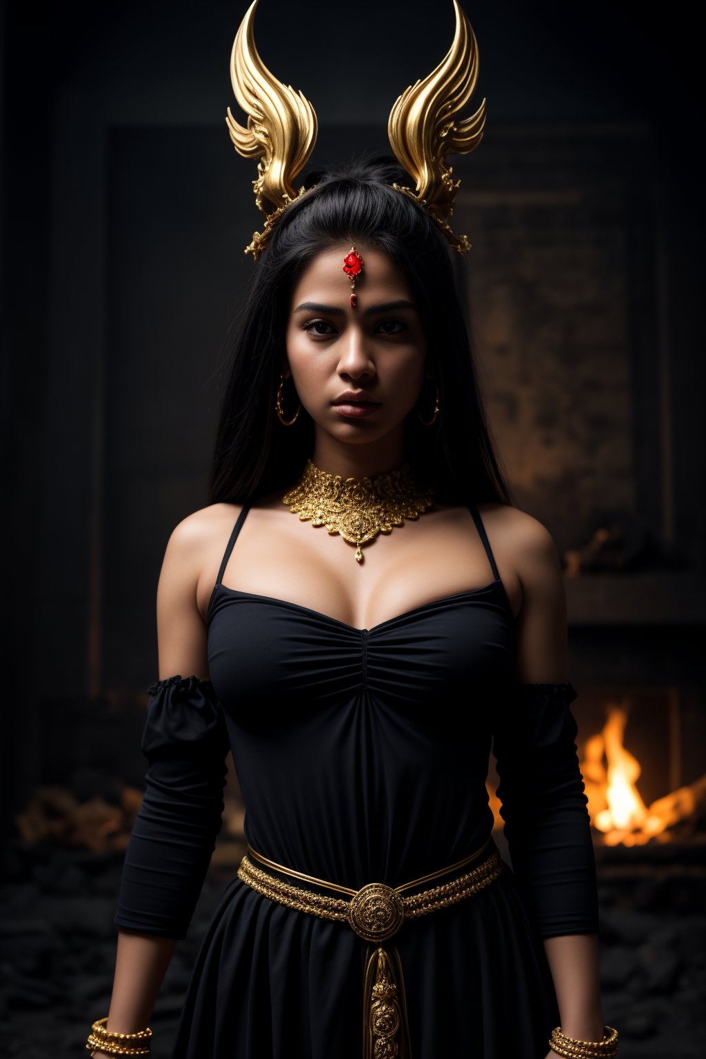 
A powerful and terrifying portrayal of the Hindu goddess Kali Maa, depicted with either black or dark blue skin that radiates an ominous, supernatural energy. She has a third eye on her forehead, symbolizing her omniscient power and fierce nature. Her presence dominates the dark night, with a cinematic atmosphere that features detailed color grading to enhance the horror theme.

Captured from a high-angle perspective, a woman dressed in a red and white costume is stunning. She is adorned with a black and white checkered pattern on her chest, a black belt around her waist, and a gold medallion hanging from her neck. Her hair is styled in a ponytail, and she is wearing a pair of fluffy white ears on her head. Her eyes are a piercing red, and her hair is a dark brown. Her costume is reminiscent of an anime character, with a white and red costume. She stands in front of a backdrop of televisions that are lit up, creating a vibrant and colorful backdrop.

Kali Maa is adorned with gold ornaments that contrast against her dark skin, glinting ominously in the low light. Her hair is wild and dirty, flowing chaotically around her as if animated by her wrathful energy. She has ten hands, each holding a different mythological weapon, and a garland of skulls hangs around her neck, symbolizing her dominion over death and destruction.

The background is shrouded in darkness, with hints of eerie, otherworldly light that cast shadows on her fearsome form. The scene is set with a sense of impending doom, capturing the essence of Kali Maa as both a protector and a destroyer. Her expression is fierce and unyielding, embodying the terrifying beauty and power of this revered goddess.
