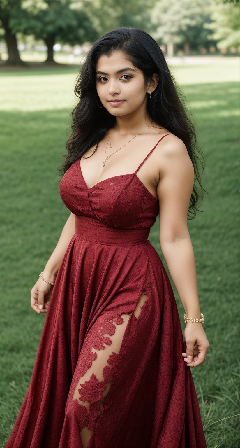 Dark skin:2, brown skin, A dark-skinned cosplayer stands outside on a lush green grass, striking a pose in a stunning red gown that flows elegantly around her curves. Her long, curly brown hair, she gazes directly at the viewer with warm, brown eyes. A delicate necklace and bracelet adorn her neck and wrist, respectively, catching the soft outdoor light. The camera captures a blurred background, emphasizing her striking features and the dress's flowing folds as she leans to one side, showcasing her dark skin glowing warmly in the natural light.