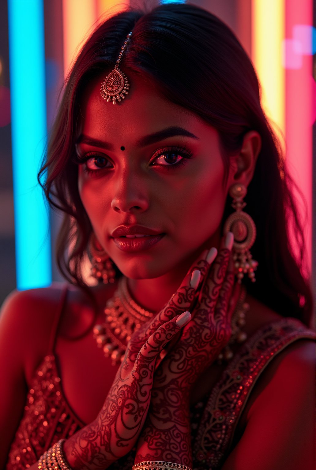 A stunning Indian woman poses elegantly against a neon-lit backdrop, bathed in the warm glow of studio lights. Her intricate henna designs and ornate jewelry gleam with an otherworldly sheen, as if infused with synthetic beauty. Beautiful face with perfect symmetric eyes, perfect contrast, extremely sharp focus. Hyper-realistic textures and ultra-high detailed features accentuate her striking features, set against a cinematic cityscape at dusk. The overall effect is a masterpiece of synthwave-inspired artistry, where technology and tradition converge in perfect contrast.