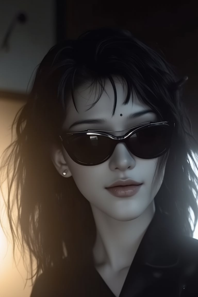 dol of chicago, a beautiful slim curvy pale goth girl with asymmetrical punk rock hair and badass euro design sunglasses. mole on cheek. half portrait by stanley artgerm, dramatic lighting, by nagel, shin jeongho, nick silva and ilya kuvshinov, deviantart