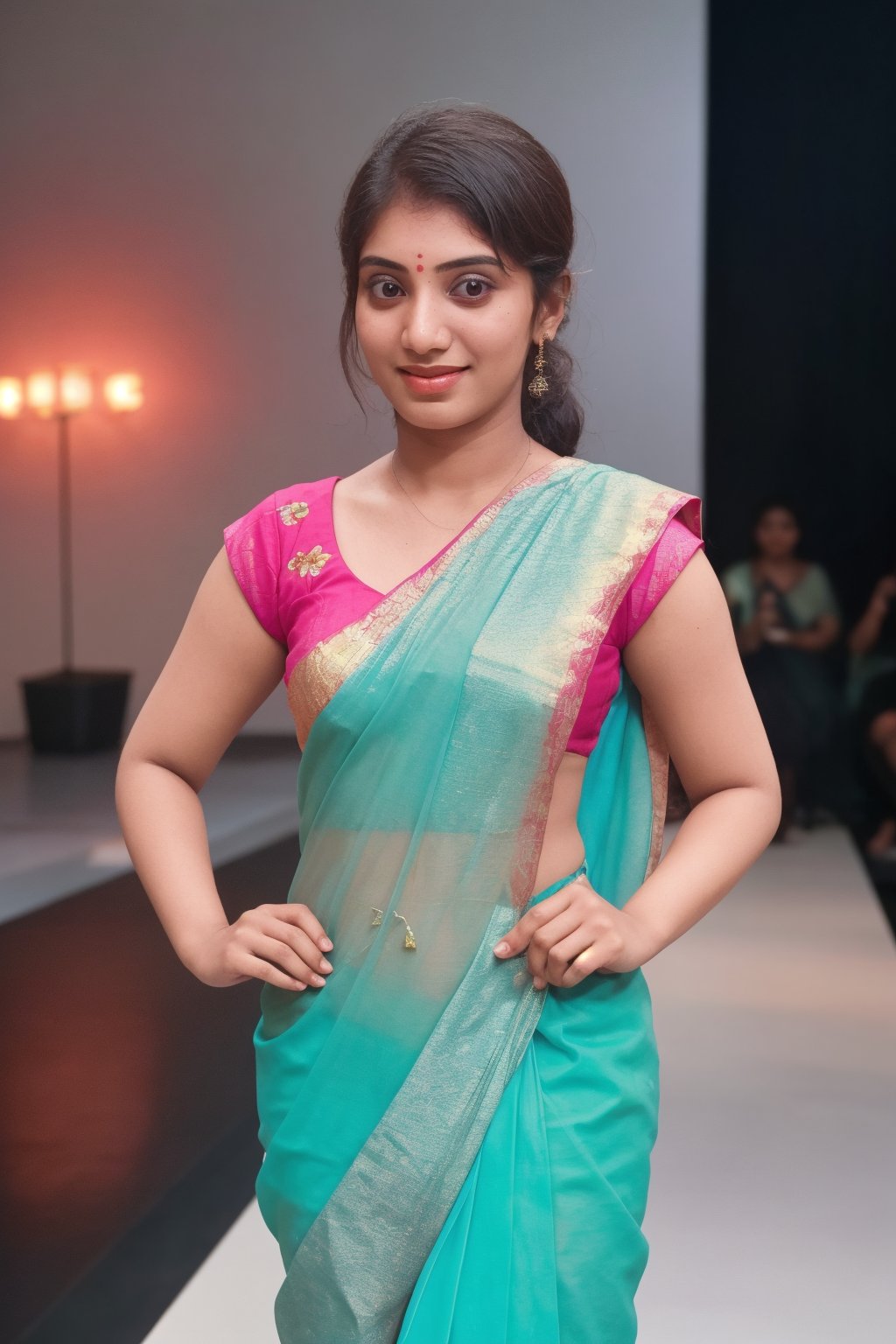 A striking image: Saree, a stunning 20-year-old Tamil girl, confidently struts down the catwalk in her custom-made holographic neon fashionwear, bathed in soft focus and matte lighting with a subtle soft-glow effect. Her gaze meets the audience's, exuding professionalism as the classic light fringe framing her face creates a sense of sophistication. The blurred bokeh effect in the background adds depth, while the SFM-rendered attire accentuates her svelte figure.