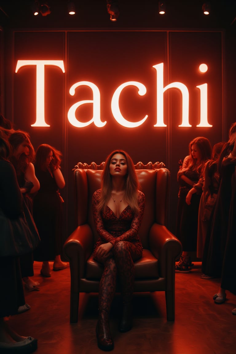 create me something beautiful, sexy, A beautiful woman, dressed in high fashion, sits on a throne in a luxurious boutique shop, surrounded by perfect cinematic lighting. Behind her, the shop's name "Tachi" is displayed in oversized glowing letters, commanding attention. Girls in the background casually explore the dresses on display. The scene highlights both the elegance of the boutique and the glowing, bold shop name.
