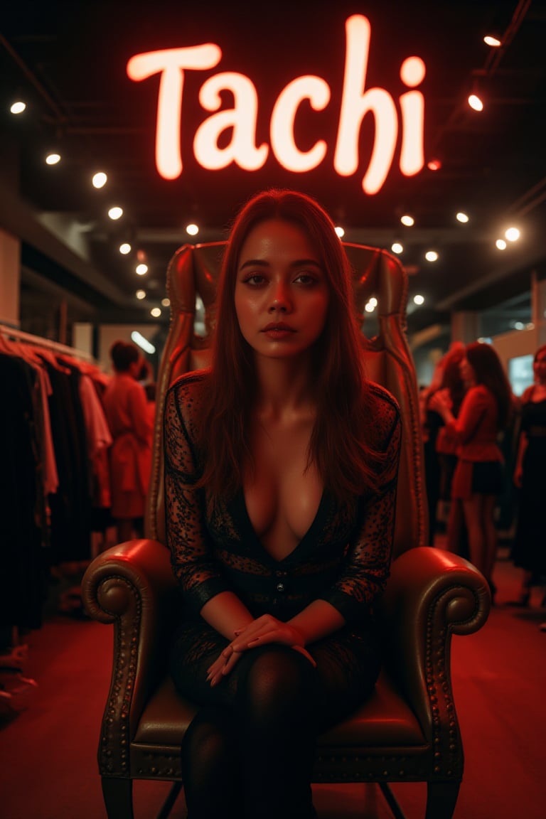 create me something beautiful, sexy, A beautiful woman, dressed in high fashion, sits on a throne in a luxurious boutique shop, surrounded by perfect cinematic lighting. Behind her, the shop's name "Tachi" is displayed in oversized glowing letters, commanding attention. Girls in the background casually explore the dresses on display. The scene highlights both the elegance of the boutique and the glowing, bold shop name.
