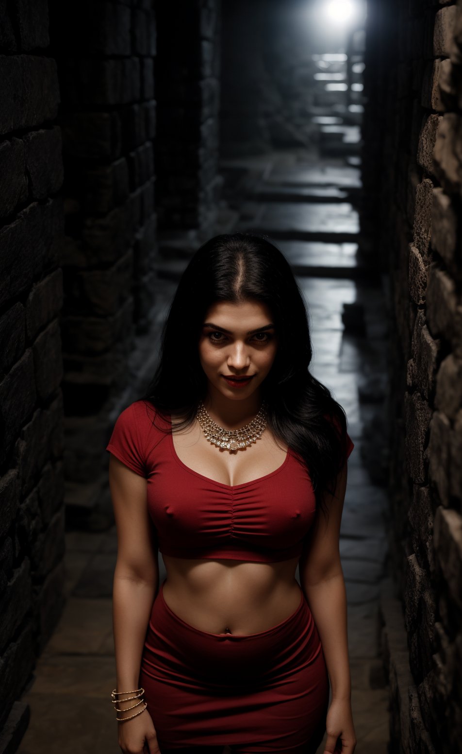 In a ancient pyramid Egypt, A mysterious figure emerges from the shadows. A 28-year-old woman with brown skin and long black hair stands confidently, curvy girl, navel, standing:1, spot light on face:1, inside a piramid:1, shot from above, fucus face from above angle, her piercing gaze meeting the viewer's as a gentle smile spreads across her face. She wears a stunning red dress that clings to her curves, its hemline grazing her midriff. A necklace glimmers around her neck, complemented by a bracelet that adorns her wrist. The dim light casts an eerie atmosphere, with the subject's features slightly blurred, as if shrouded in mystery. Spot light Light on face and body:1,  