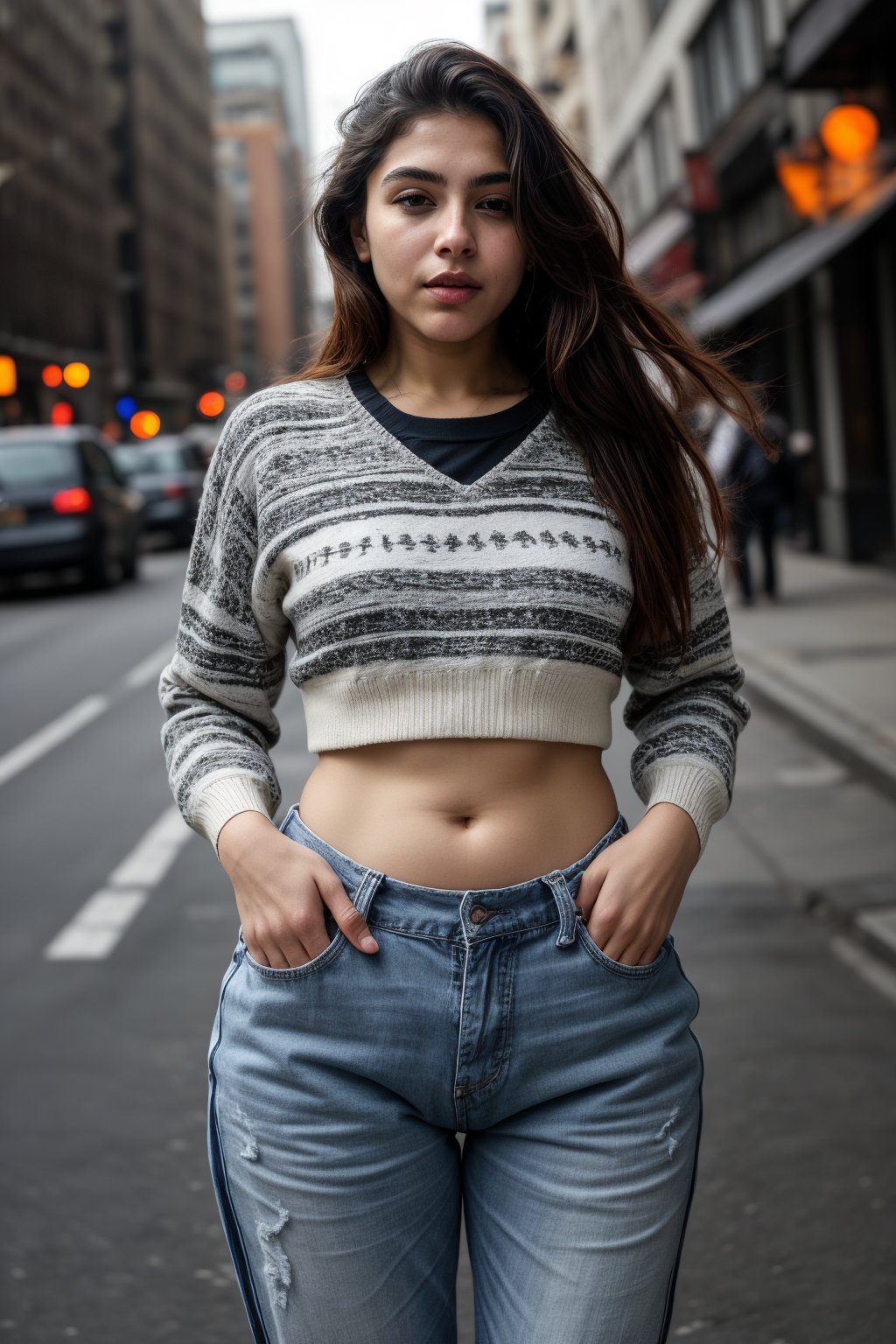 1girl, solo, long hair, looking at viewer, brown hair, shirt, long sleeves, navel, brown eyes, upper body, midriff, striped, pants, blurry, sweater, lips, blurry background, denim, hands on hips, striped shirt, realistic