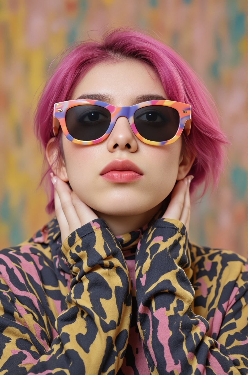 A vibrant, close-up portrait of a young woman with pink hair, wearing oversized, colorful sunglasses, and patterned turtleneck, abstract, textured background | pop art style, bold colors, detailed, highly stylized | photorealistic | studio lighting
,cinematic , film grain, Short telephoto focal length, shot on ALEXA 65