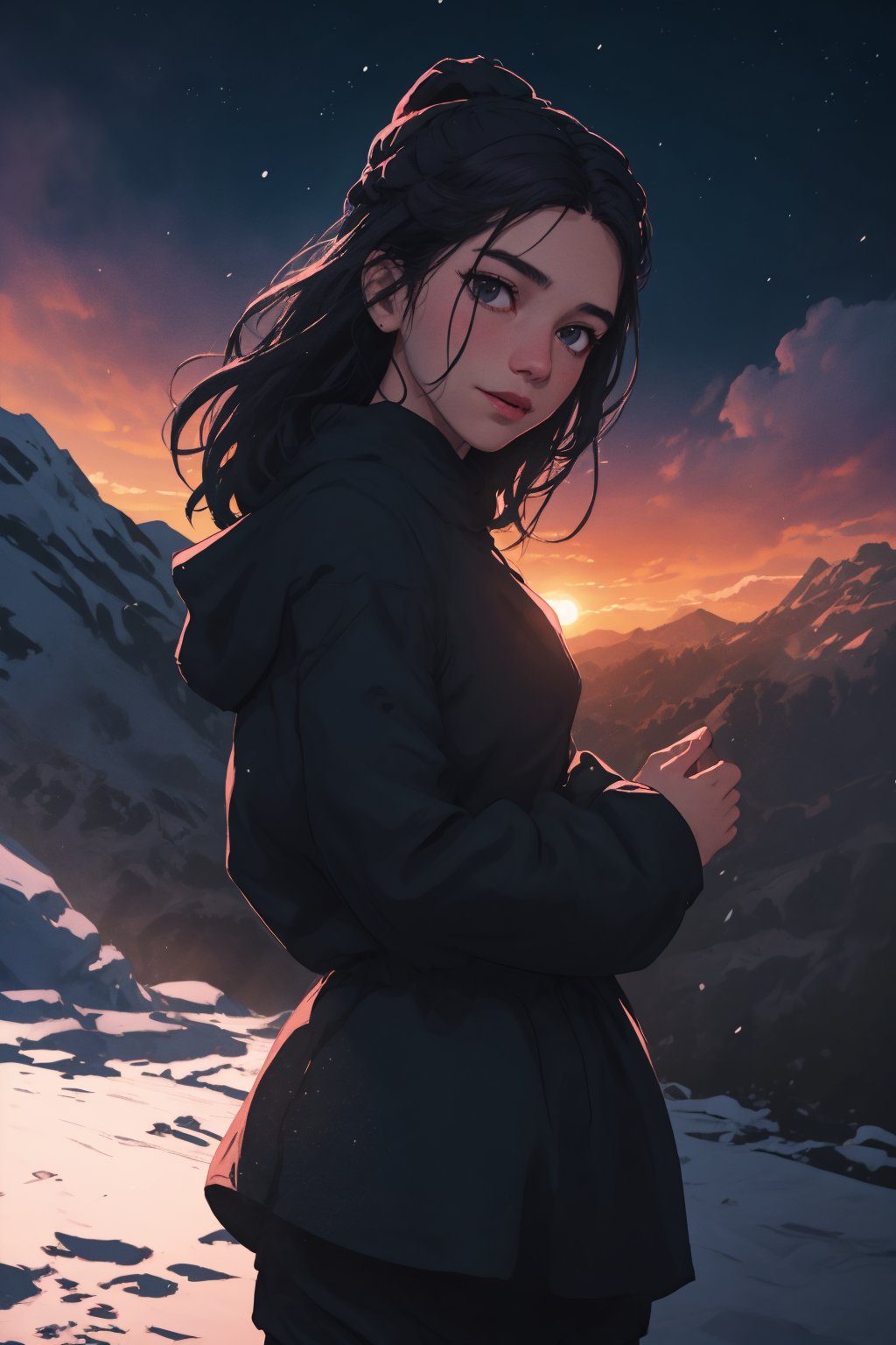 (4k), (masterpiece), (best quality),(extremely intricate), (realistic), (sharp focus), (cinematic lighting), (extremely detailed),

A young adult girl with long cosmic purple hair.
The girl has a look of pure contentment on her face. 
She is happy and relaxed, and she is enjoying her time.

A meadow on a snow covered mountaintop overlooking a breathtaking valley. The sky is clear blue, and the air is fresh and crisp. The young woman is watching the clouds drift by. She feels at peace with the world, and she is grateful for the beauty that surrounds her. 

She is wearing a pair of yoga pants and a loose-fitting top,
a pair of hiking boots and a beanie.

,flower4rmor
,cloud,neotech,blurry_light_background,DonM4lbum1n,DonMChr0m4t3rr4 ,Detailedface,Pixel art,photorealistic,ghibli style,girl,midjourney,sunset_scenery_background,	 SILHOUETTE LIGHT PARTICLES,fantasy00d