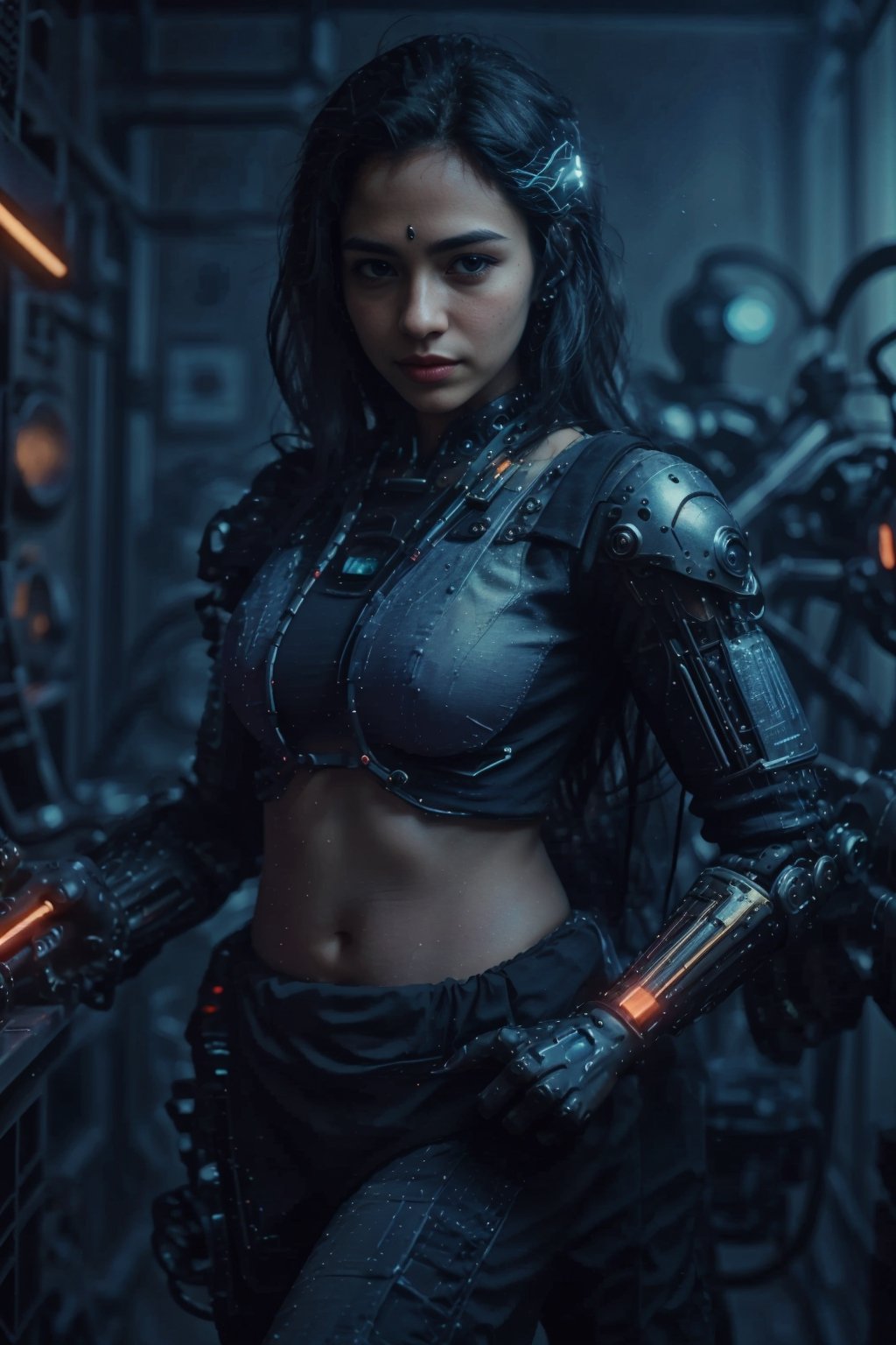 (Saree:1.1), (best quality, 4k, 8k, highres, masterpiece:1.2), ultra-detailed, physically-based rendering, professional, neon led light, vivid colors, bokeh, cyborg girl, made only glass, neon cables, gears, transparent body, mechanical details, glowing eyes, reflective surface, subtle reflections, ethereal, luminous, metallic highlights, sci-fi, futuristic, neon lights, blue and purple color palette, dynamic lighting,Mallugirl,Mecha body,,CyberpunkWorld,20 year old girl