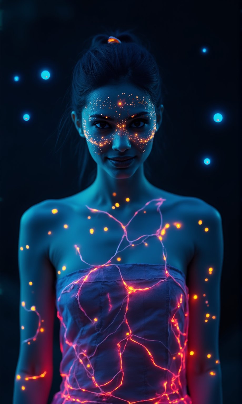 A mystical photo of an alien woman with a bioluminescent glow. Her midriff is exposed, revealing glowing skin with symmetrical neon lines that trace intricate patterns across her face and body. The skin emits a soft, otherworldly light, giving her a mesmerizing appearance. Her face is adorned with glowing dots, arranged in a symmetrical pattern that highlights her ethereal beauty.

She is wearing a neon saree that also glows with vibrant colors, blending seamlessly with the bioluminescent tones of her skin. Light particles float around her, adding to the mystical aura, while glowing spots and dots on her body create a radiant, enchanting effect. The close-up focus on her face emphasizes her luminous features, with every detail of the glowing patterns and lines captured in stunning detail.
