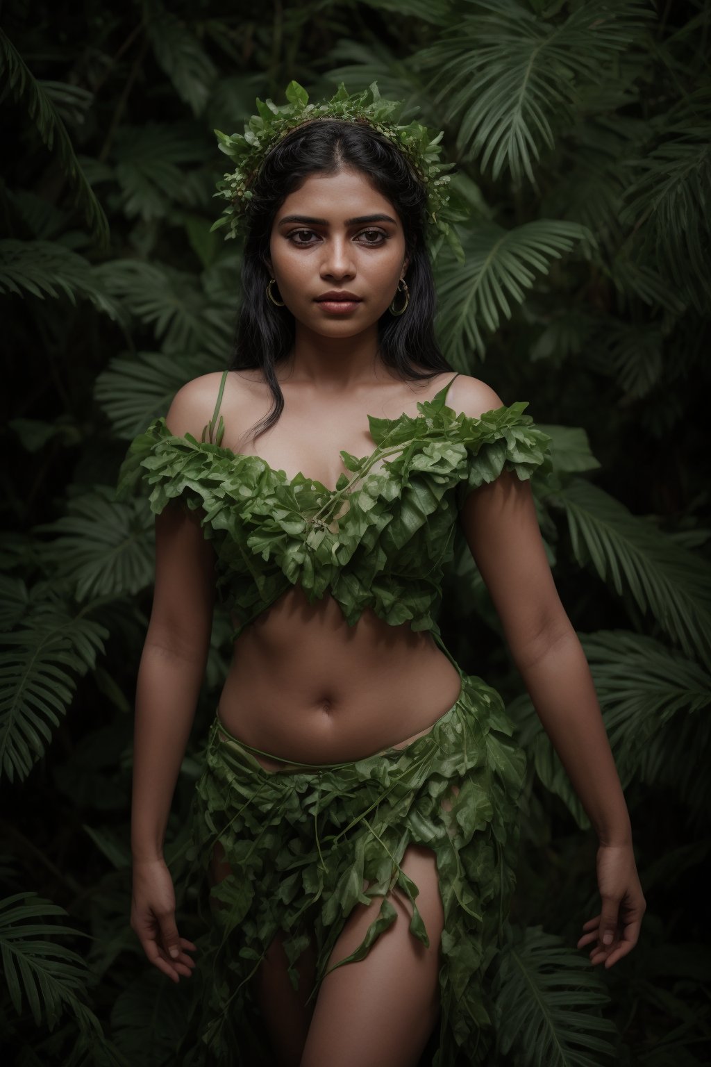 A serene young woman, adorned from head to toe in lush green plantain leaves, stands amidst a lush tropical forest. The verdant foliage wraps around her slender figure, creating a flowing gown that rustles softly in the gentle breeze. Her private areas are delicately covered by a carefully arranged leafy drape, leaving little to the imagination. Delicate vines and tendrils weave together to form an intricate headdress, with a sprig of plantain leaves tucked behind her ear. The natural beauty of the surroundings is mirrored on her radiant face, as she gazes out at the vibrant greenery, her features a perfect harmony of earthy tones.