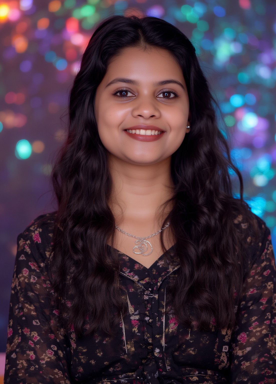 Capture a masterpiece of photography featuring a stunning girl with long, curly black hair (1.1) and intricate details in her school uniform, complete with a miniskirt and random colors. The scene is set in front of a striking fractal pattern (abstract) that creates a sense of depth and dimensionality. Professional HDR lighting (8k UHD RAW photo) casts a cinematic glow, accentuating the subject's features while also capturing the subtle play of iridescent lighting on her skin. Jewelry (1.4) adorns her neck, drawing attention to her radiant smile as she faces the viewer directly. The image is rendered in breathtaking detail, with every curl of hair and fold of fabric meticulously captured. Apply a realistic LUT for a true-to-life representation.,SH,Yakshi28,Girl25yo