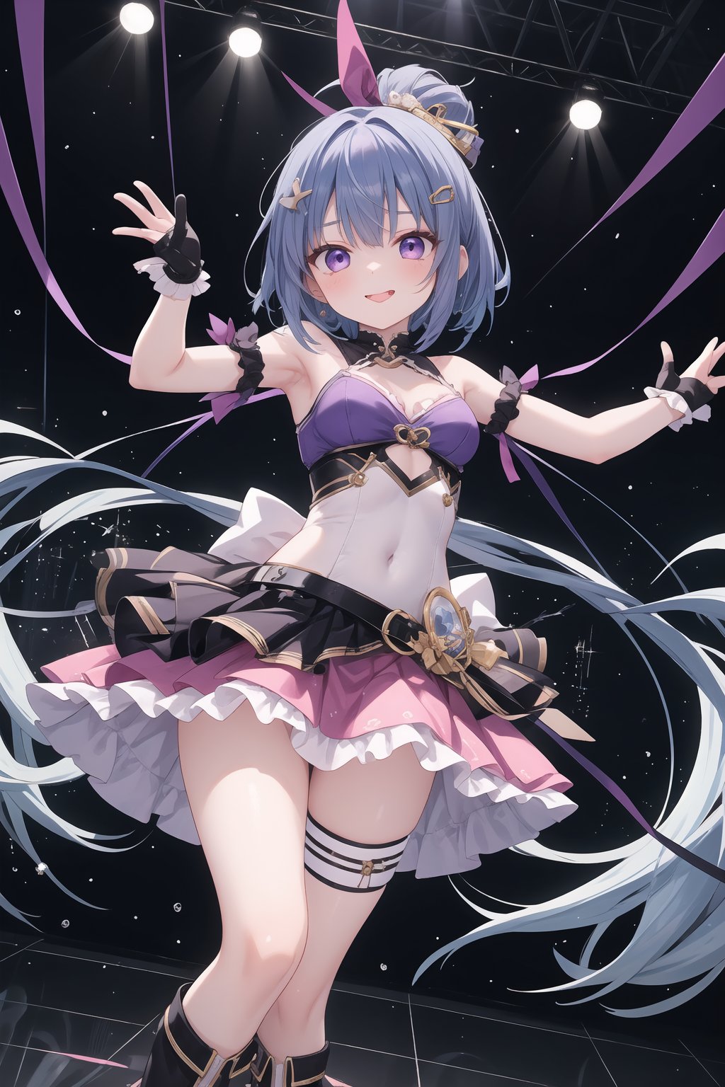 Maizono Sayaka, a sultry solo idol, poses with confidence, her long dark blue hair flowing like a waterfall as she gazes directly at the viewer. The high-angle perspective captures her radiant smile, accentuating her purple eyes and prominent bangs held in place by a hair ornament. Her thigh-high pink boots and matching gloves add a touch of sass to the scene. A vibrant pink dress with frilly details adorns her body, cinched at the waist by a black belt. In the background, a drum set beckons attention, while white dots dance across the purple ceiling. Sayaka's raised arms balance her pose, tongue playfully poking out as she exudes charm and charisma.