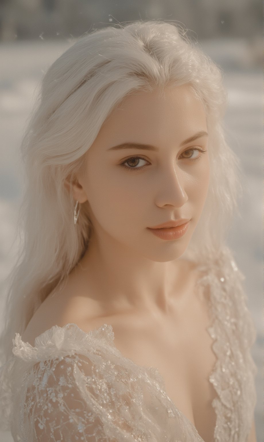 Against a snowy backdrop, princes poses regally, her porcelain skin glowing with an ethereal light. Shot from directly above, the Arri Alexa captures every detail of her frozen finery - delicate lace and gemstones glisten in the soft, cinematic lighting. Enhanced for maximum realism, this image is fit for a true ice prinses 